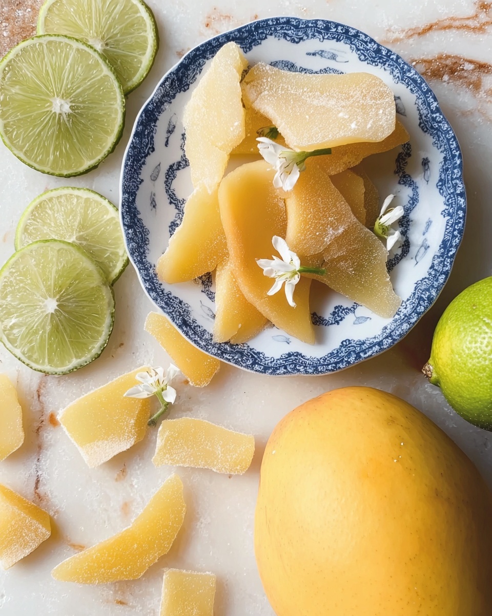 The image shows a white plate with a blue decorative rim placed on a white marbled surface. On the plate are several pieces of pale yellow dried mango, which look soft and slightly frosted, arranged in a small pile. Around the dried mango pieces, there are four lime wedges with a bright green rind and light yellow-green flesh. Small white flowers with yellow centers are delicately scattered on top of the dried mango. On the white marbled surface near the plate, more pieces of dried mango are spread out, and a whole ripe mango with a smooth yellow skin sits close by, completing the fresh and natural arrangement. Photo taken with an iphone --ar 4:5 --v 7