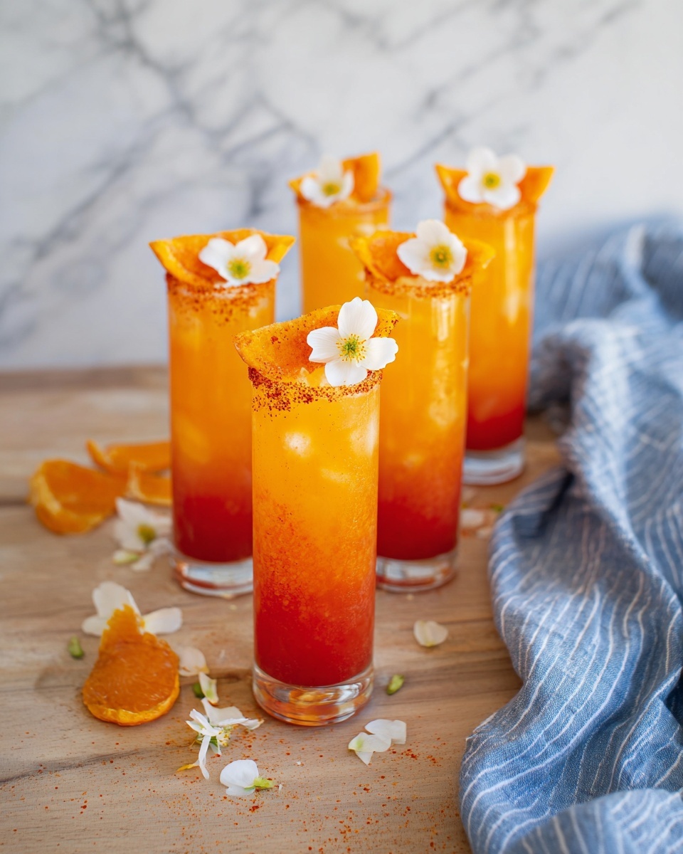 Three tall clear glasses hold an orange drink with red streaks swirling inside, each glass rimmed with a reddish spice and topped with a small white flower and a piece of dried orange peel. The glasses sit side by side on a light wooden surface with a white marbled texture background. Around the glasses, there are some yellow dried orange slices and a white towel with blue stripes partially covering some of them. In the background, a clear bottle with a blue label is blurred out. photo taken with an iphone --ar 4:5 --v 7