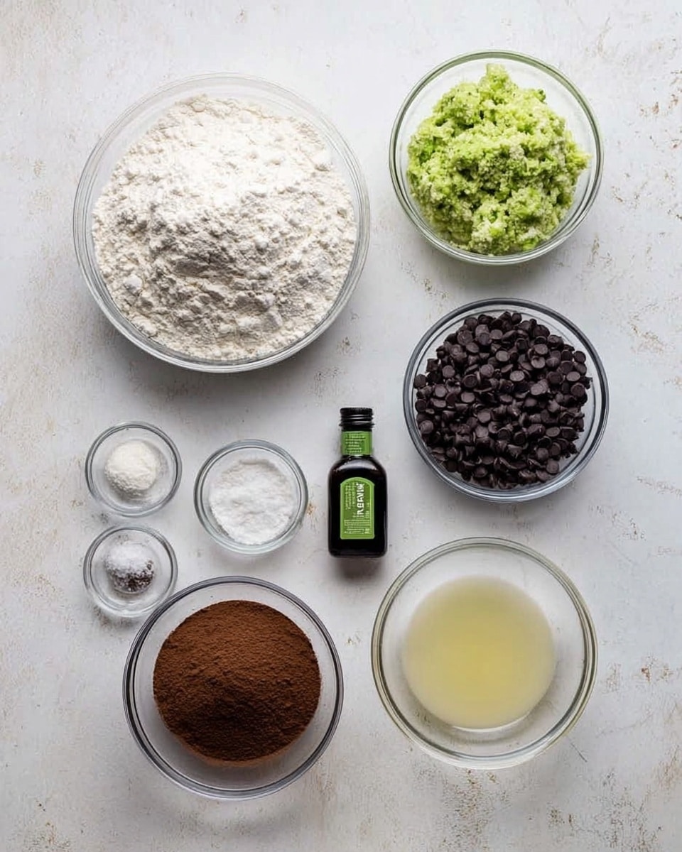The image shows nine clear glass bowls arranged neatly on a white marbled surface, each containing a different ingredient. Starting from the top left, there is a large bowl filled with white flour, next to a smaller bowl with green grated zucchini. To the right, another small bowl holds dark chocolate chips. Below the chocolate chips, there is a medium bowl with a light yellow liquid, and to its left, a medium bowl filled with brown cocoa powder. In the center of the arrangement, there is a small green bottle of vanilla extract standing upright. At the bottom left, two small bowls contain white salt and white baking soda powder. All the bowls are transparent and placed against the white marbled texture. Photo taken with an iphone --ar 4:5 --v 7