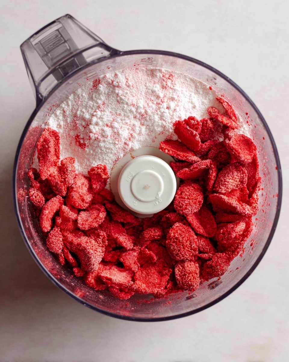 A clear food processor bowl is filled with two layers: the bottom layer is a white powdery substance that looks like flour, and the top layer is a thick spread of large, bright red freeze-dried strawberry slices with a rough texture. The lid of the food processor is off and placed next to it on a white marbled surface. Photo taken with an iphone --ar 4:5 --v 7