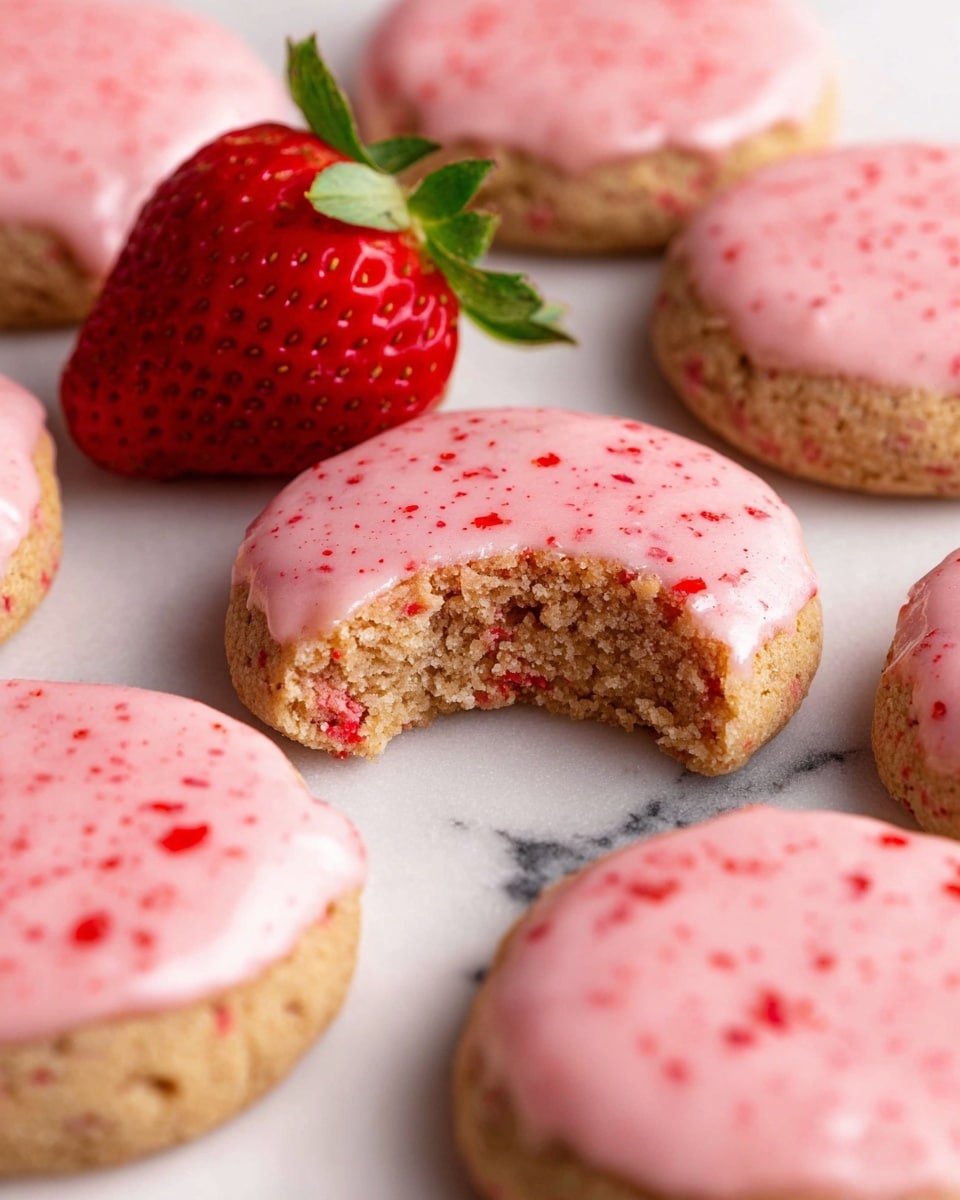 The image shows several round cookies with a light brown base and a slightly rough texture. Each cookie has a top layer of smooth pink icing with small red specks scattered throughout. One cookie in the center has a visible bite taken out of it, showing the crumbly inside. Next to the cookies, there is a fresh red strawberry with green leaves on a white marbled surface. The cookies and strawberry are closely arranged, filling the frame. photo taken with an iphone --ar 4:5 --v 7