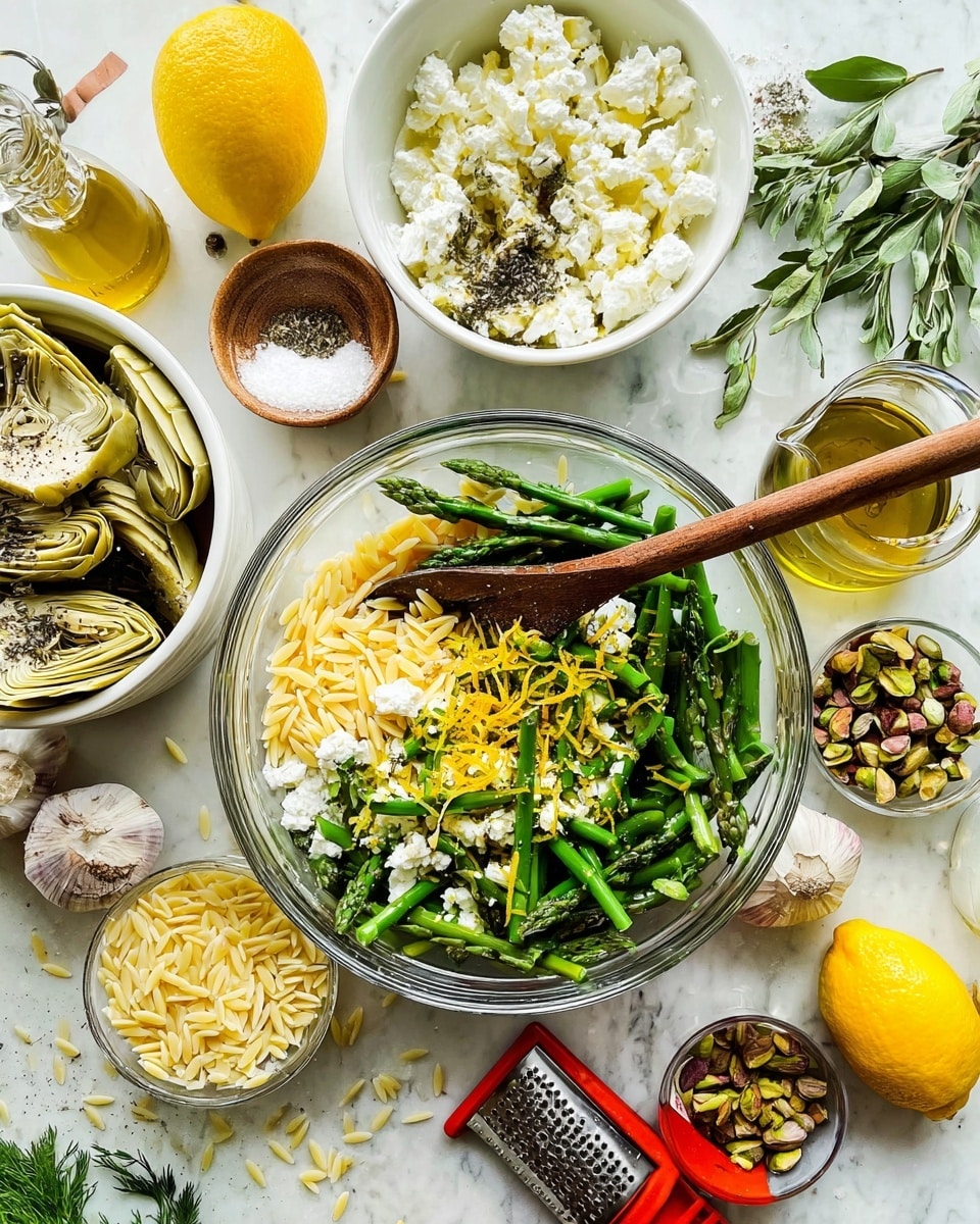 A clear glass bowl filled with three layers: the bottom layer of small yellow orzo pasta, the middle layer of bright green chopped asparagus, and scattered lemon zest pieces on top. A wooden spoon rests in the bowl. Surrounding the bowl on a white marbled surface are several small white bowls containing different ingredients: crumbled white cheese, pale yellow marinated artichokes with black seasoning on top, and toasted green pistachios. Fresh cut lemons, a red grater with lemon zest, garlic cloves, a small bowl of salt, and a small bowl of black pepper are also present, along with some olive oil in a glass container. Sprigs of fresh green herbs are scattered around. Photo taken with an iphone --ar 4:5 --v 7