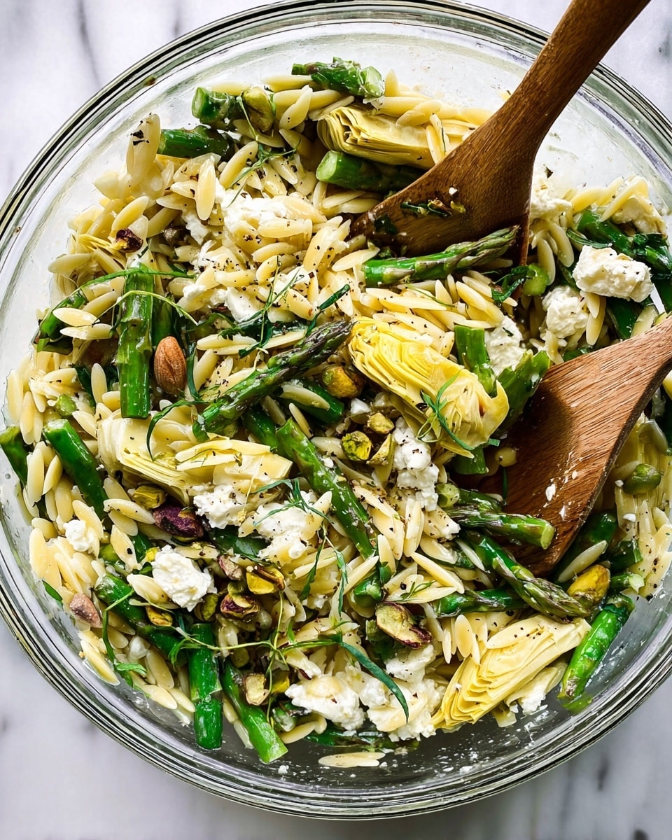 A clear glass bowl filled with a colorful mix of pasta and vegetables sits on a white marbled surface. The main layers include small, pale yellow orzo pasta pieces, bright green asparagus cut into short segments, and light yellow artichoke heart wedges. Scattered throughout are chunks of white cheese, likely feta, with a crumbly texture, and whole pistachio nuts adding a brown and green contrast. Fresh herbs with thin, delicate green leaves are sprinkled on top, along with a light dusting of black pepper. Two wooden spoons rest in the bowl, slightly mixing the ingredients photo taken with an iphone --ar 4:5 --v 7