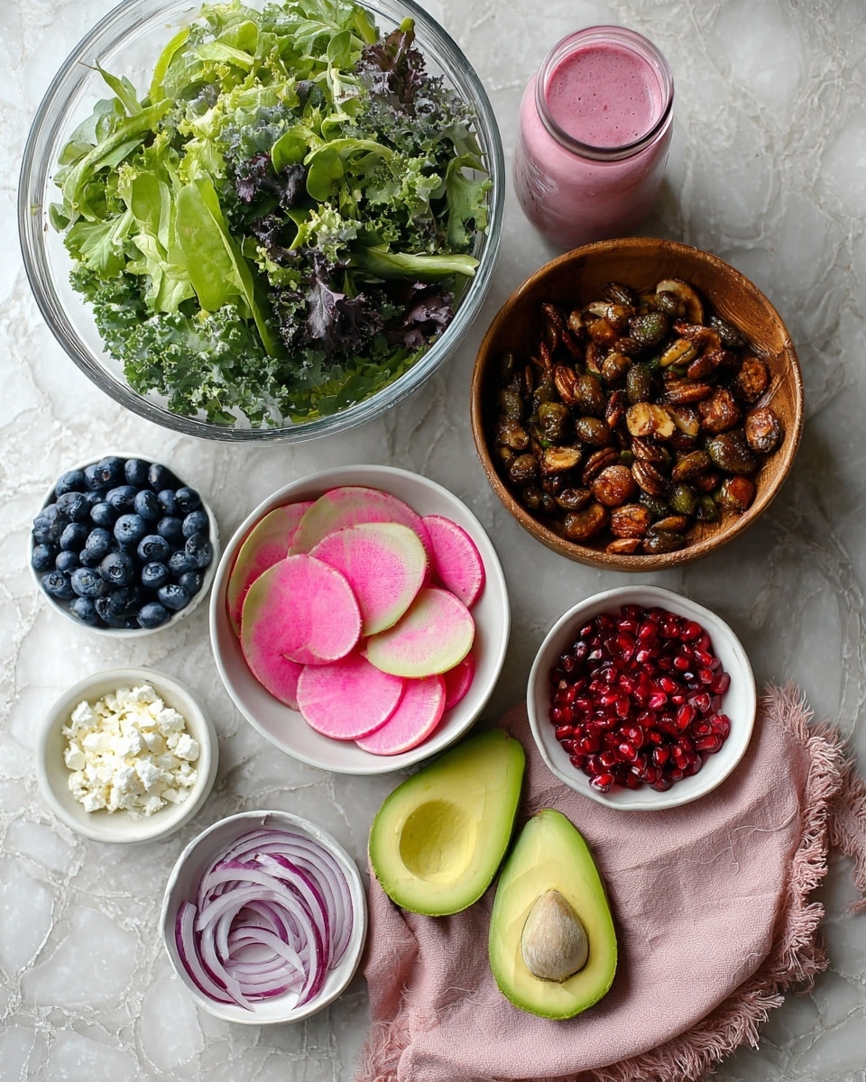 The image shows a group of fresh ingredients arranged on a white marbled surface. At the top center, there is a large clear bowl filled with mixed green leaves that have different textures like curly and smooth. Below it to the left is a white bowl filled with round, deep blue blueberries. To the right, there is a wooden bowl filled with shiny, roasted nuts that have a golden brown color. Below the blueberries, there is a white bowl holding round slices of pink and green watermelon radish. To the right of that, a small white bowl contains bright red pomegranate seeds. Next to the pomegranate seeds, two halves of a ripe avocado with a smooth green inside and brown seed are placed on a soft pink cloth with frayed edges. Below, a white bowl is filled with thin slices of purple onion, and to the left of this is a small white bowl with white crumbled cheese. At the far left near the top, a small glass jar holds a pink smoothie or dressing. photo taken with an iphone --ar 4:5 --v 7