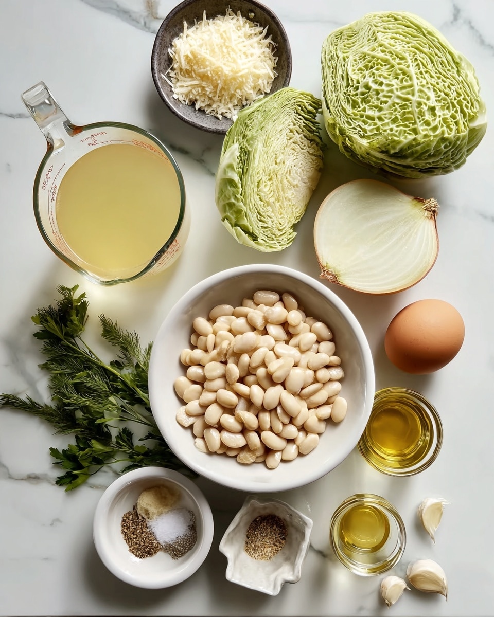 The image shows a white marbled surface with various fresh ingredients arranged neatly. At the center, there is a white bowl filled with light beige beans. Near the beans, a small white dish holds several peeled garlic cloves. To the right of the beans, there is a halved onion with a pale yellow interior and brown skin on the edges. Above the onion, a clear glass measuring cup contains a light yellow broth. On the top left, a dark bowl holds finely grated pale cheese. At the very top, bright green leafy cabbage is placed. Below the cabbage, fresh green herb sprigs rest on the surface. Below the herbs, there is a raw brown egg, a small glass cup with a light yellow liquid, and a small glass cup with golden olive oil. In the bottom center, a small white dish contains mixed spices including salt, black pepper, and a green herb. Photo taken with an iphone --ar 4:5 --v 7