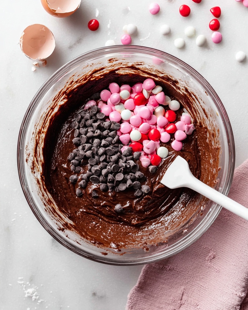A clear glass bowl holds thick dark brown brownie batter filling most of the bowl, with the sides showing smeared batter. On top, there is a pile of small dark chocolate chips on the left side and colorful candy-coated chocolates in pink, red, and white on the right side. A white spatula with some batter on it rests inside the bowl on the right edge. Around the bowl, white marbled surface shows scattered candies in similar pink, red, and white colors, a cracked eggshell near the top left corner, and a soft light pink cloth on the bottom right corner. photo taken with an iphone --ar 4:5 --v 7