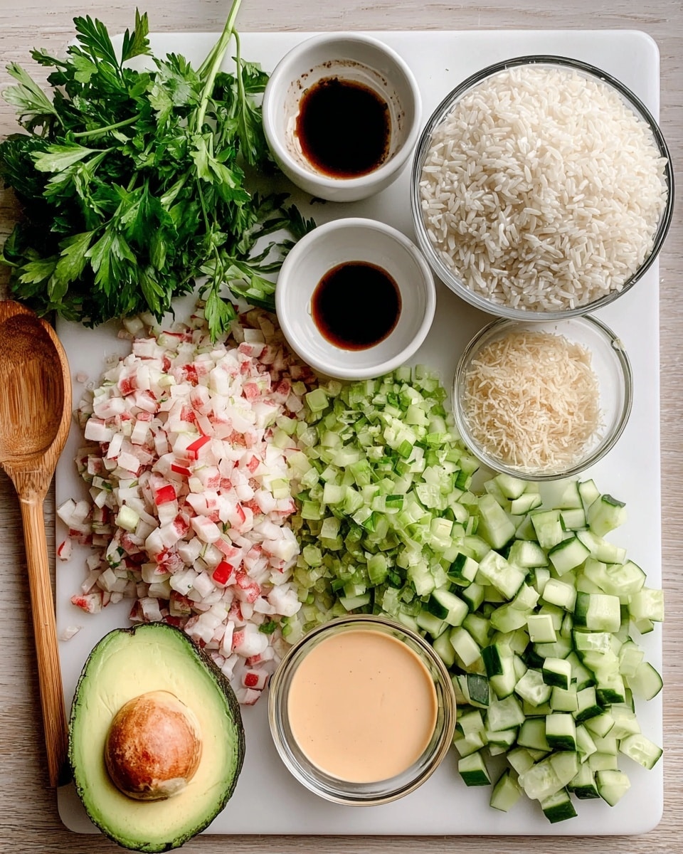 The image shows a white cutting board on a white marbled surface with different ingredients arranged in sections. On the left side, there is a bunch of fresh green parsley with a wooden spoon resting on the board. Next to the parsley is a large pile of small, chopped pieces in white and pink shades. To the right of this is a pile of light green chopped cucumber cubes. Above these are two small white bowls, one filled with dark brown sauce and the other with light beige flakes. On the far right is a large clear glass bowl filled with white rice grains. In front of these bowls and piles, there is a halved avocado with bright green flesh and one half showing the large brown seed, and a small bowl filled with a light orange creamy sauce. The colors are fresh and vibrant, with varied textures from smooth avocado to finely chopped vegetables. Photo taken with an iphone --ar 4:5 --v 7