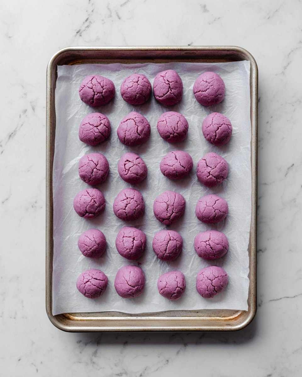 A baking tray lined with white parchment paper holds 29 small round purple dough balls arranged close to each other in a roughly circular shape. Each ball has a soft cracked surface texture. The tray rests on a white marbled surface that adds a clean, bright background to the photo taken with an iphone --ar 4:5 --v 7