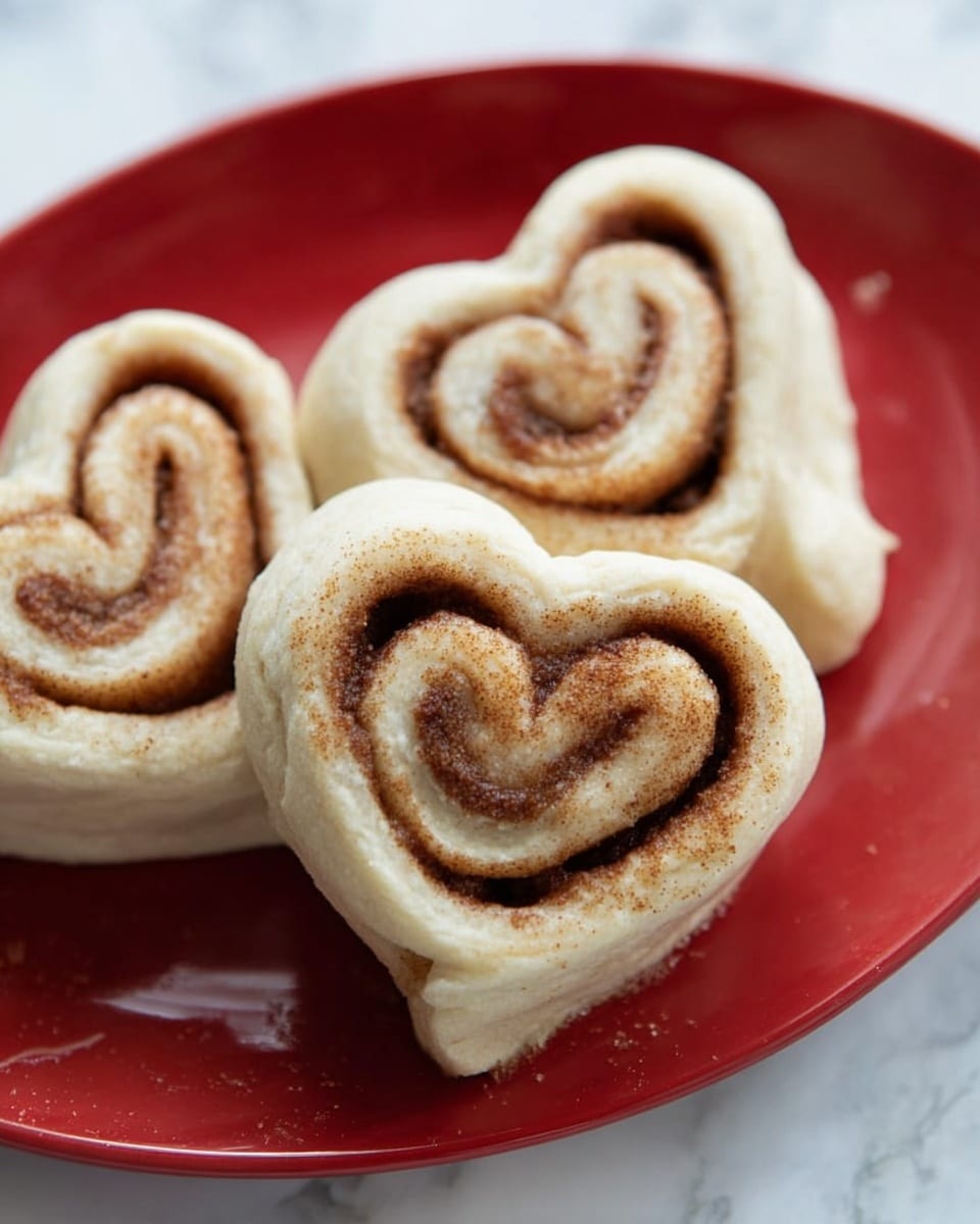 The image shows three cinnamon rolls arranged close together on a white plate with a red color inside. Each cinnamon roll has two main spiral layers of dough and cinnamon filling, where the outer dough layer is pale beige and soft, and the cinnamon filling appears as a rich brown swirl that contrasts with the dough. The shapes are heart-like with two rounded spirals on top connected at the base, and the surface texture looks soft and slightly shiny. The background is a white marbled surface, adding a clean and bright look to the image. photo taken with an iphone --ar 4:5 --v 7