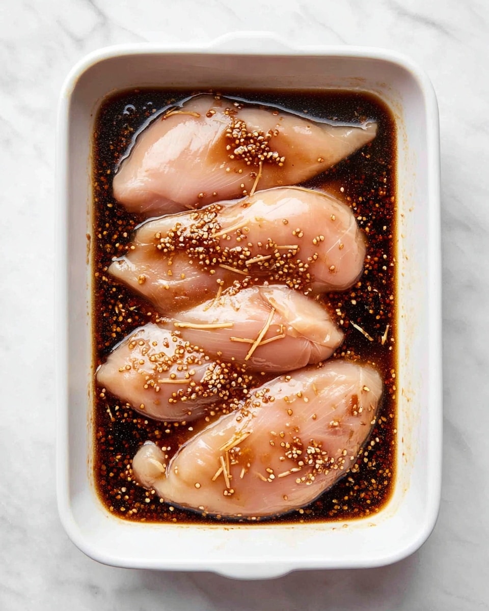 The image shows a white rectangular ceramic dish filled with four raw pale pink chicken fillets resting in a dark brown marinade that looks glossy and thick. The marinade contains small mustard seeds and thin light brown strips, possibly ginger, scattered over and around the chicken. The chicken pieces are arranged closely together, mostly flat, slightly submerged in the shiny sauce. The dish is placed on a white marbled surface, giving a clean and bright background. photo taken with an iphone --ar 4:5 --v 7