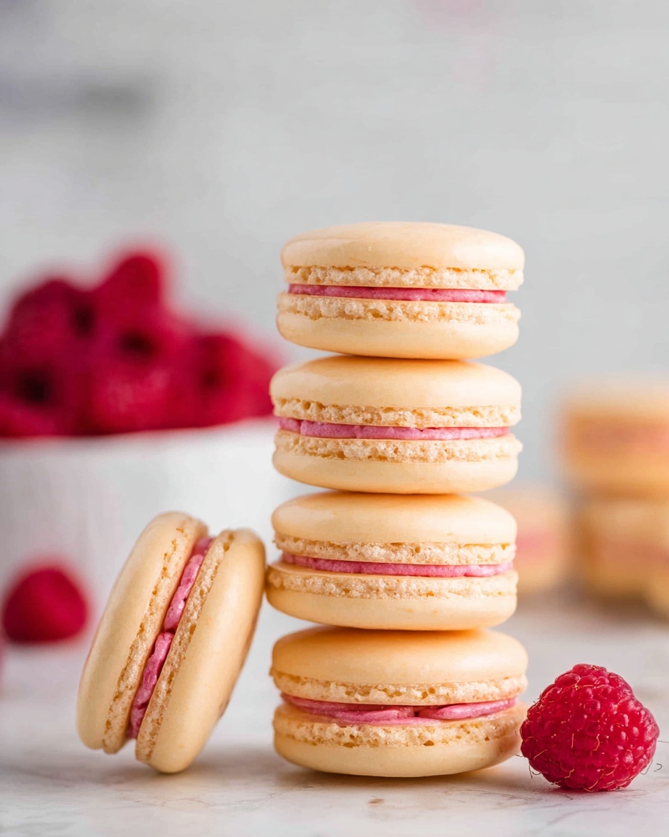 A stack of six light beige macarons with smooth, slightly shiny shells and pink filling between each pair of shells stands on a white marbled surface. Five macarons are stacked vertically while one macarons leans against the stack on the left side. To the right of the stack, there is a single bright red raspberry placed on the surface. In the blurred background to the left, there is a white bowl filled with more red raspberries. The overall colors are soft and bright, with the macarons’ smooth texture contrasting with the bumpy raspberry surface. photo taken with an iphone --ar 4:5 --v 7
