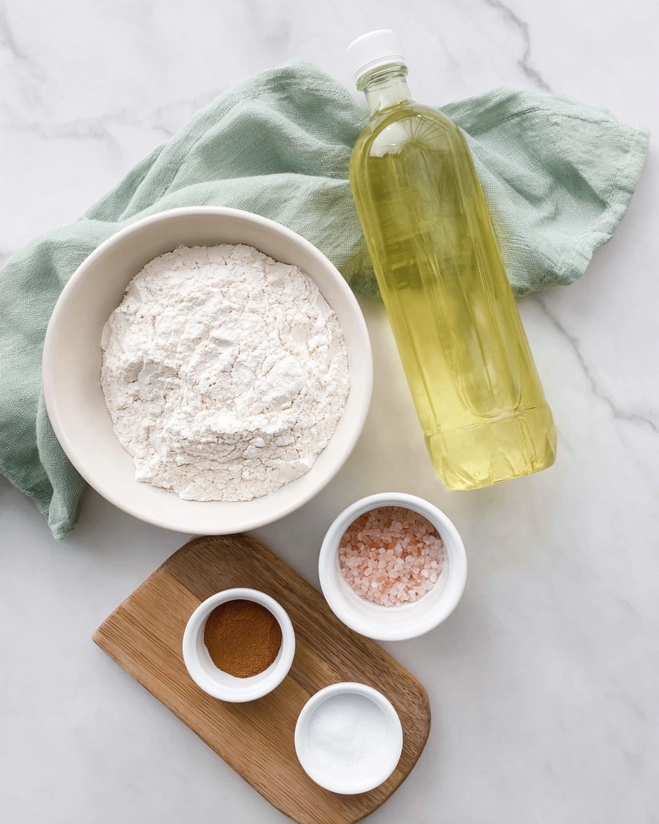 The image shows five white bowls of different sizes and a clear plastic bottle filled with light yellow oil, all placed on a white marbled surface. The largest white bowl on the left is filled with white flour, with a slightly rough texture. To the right of it is a small white bowl containing pink salt, and below those are three more small white bowls placed on a wooden board: one with brown cinnamon powder, one with fine white sugar, and one with white baking soda. Behind the ingredients, a pale green cloth is partially visible, and the clear plastic oil bottle lies diagonally across the cloth and surface. photo taken with an iphone --ar 4:5 --v 7