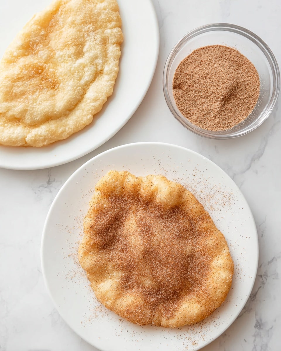 The image shows two pieces of fried dough on two separate white plates. The plate at the bottom has a single piece of golden-brown fried dough with a light dusting of cinnamon sugar spread unevenly on top and around the dough’s surface. Slightly above it to the left is another plain piece of fried dough resting on a white plate. To the right of this second plate is a small clear bowl filled with cinnamon sugar powder. All items are placed on a white marbled surface. photo taken with an iphone --ar 4:5 --v 7