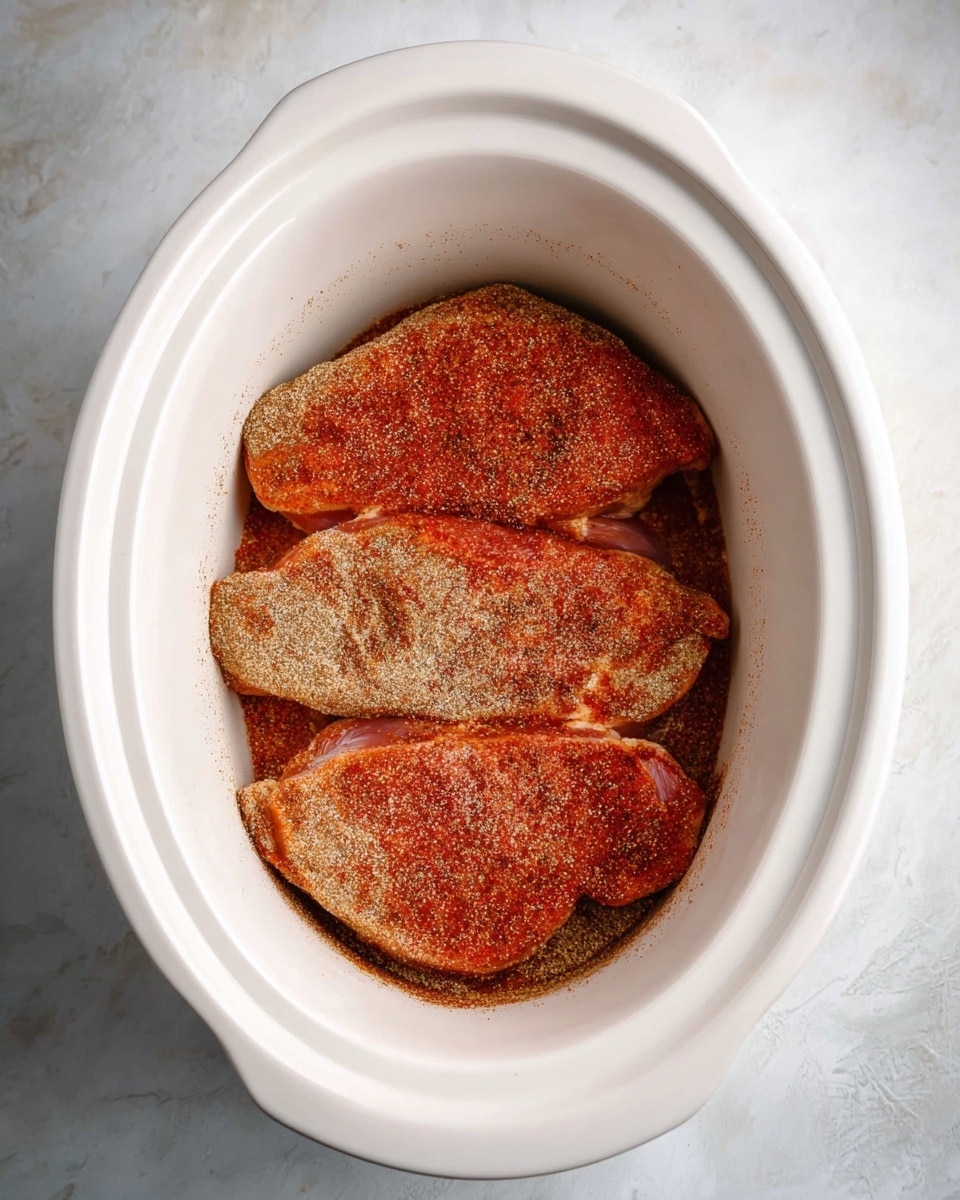 Inside a white oval slow cooker, there are three pieces of meat arranged side by side, almost filling the bottom. Each piece is coated with a dry rub that has a reddish-orange layer beneath and a lighter tan layer on top, giving a textured, slightly powdery appearance. The background is a white marbled surface, adding a clean and bright setting to the image. photo taken with an iphone --ar 4:5 --v 7