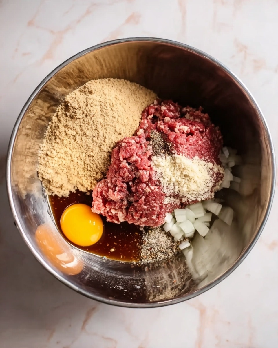 A large silver mixing bowl sits on a white marbled surface, filled with raw ingredients for a recipe. Inside the bowl, there is bright red ground meat next to a single raw yellow egg yolk on the left. Light brown breadcrumbs cover one side, while some white chopped onions are placed near the center. The mix also has a small amount of dark brown liquid sauce pooling around the ingredients, and some white and black seasonings sprinkled on top of the meat. The photo taken with an iphone --ar 4:5 --v 7