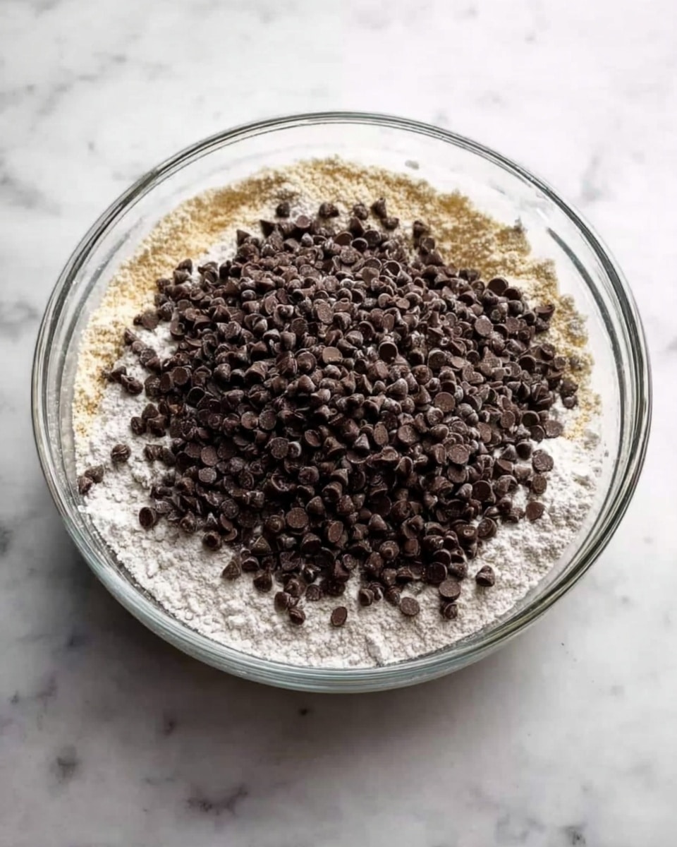 A clear glass bowl sits on a white marbled surface, filled with a mixture of layers. The bottom layer is light beige flour, topped with small white granules mixed in. On top of this, there is a thick scatter of small dark brown chocolate chips covering most of the surface. The bowl’s clear sides reveal the different textures and the large pile of chips in the middle. photo taken with an iphone --ar 4:5 --v 7