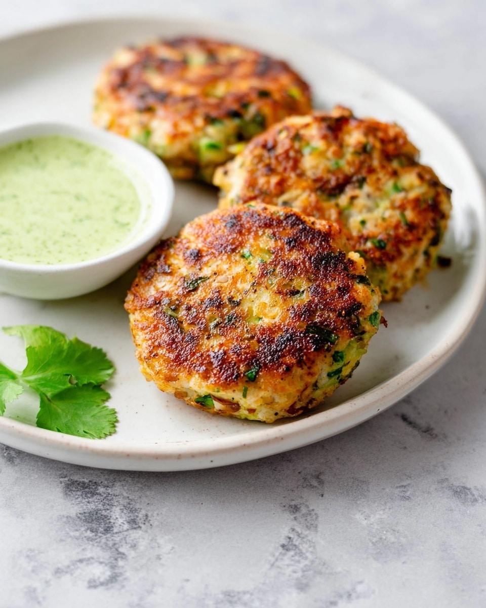 Three round patties with a golden-brown crispy outside, each with small green bits visible inside, sit on a white plate. The patties have a slightly uneven surface with some areas more browned than others. Behind the patties is a small bowl filled with a light green, creamy sauce. There is a small green herb leaf next to the patties on the plate. The plate is placed on a white marbled surface. Photo taken with an iphone --ar 4:5 --v 7
