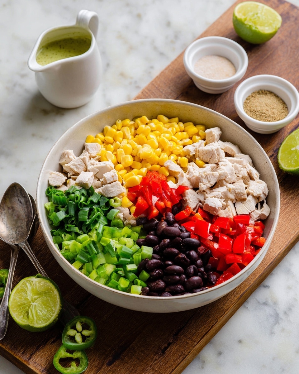 A white bowl shows six layers of food arranged in sections: yellow corn, green chopped scallions, bright red chopped bell peppers, white chopped chicken, dark black beans, and small green diced peppers. The bowl sits on a wooden board with two lime halves and two small white bowls containing a light brown powder and coarse salt. There is a green sauce in a white pitcher with a spoon beside the bowl. The background is a white marbled texture photo taken with an iphone --ar 4:5 --v 7