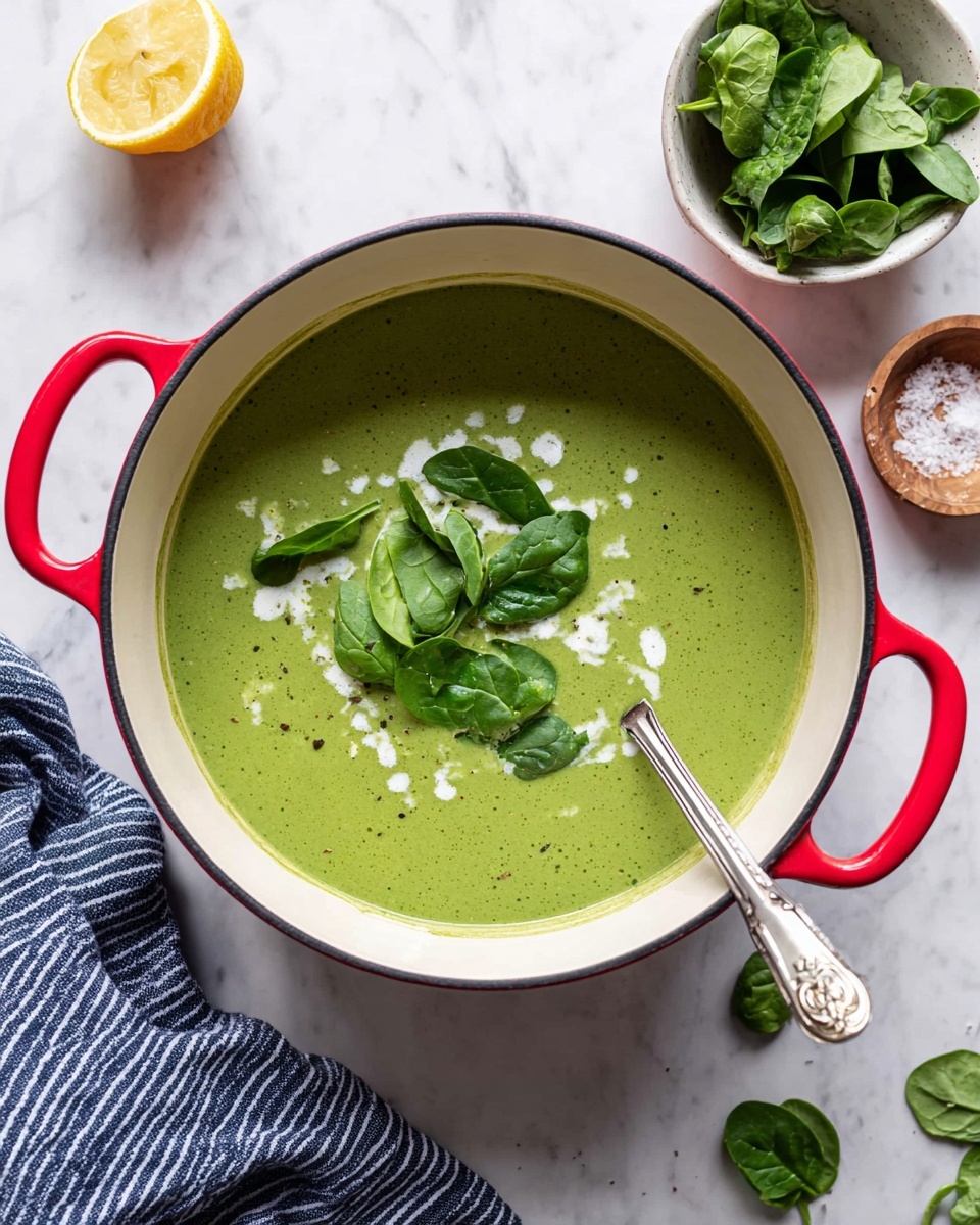 A large red pot with white inside holds a smooth green soup, with a few small drops of white cream swirled on top and some fresh dark green spinach leaves layered in the center. A long metal spoon rests in the soup on the right side of the pot. Near the pot, there is a small white bowl filled with fresh spinach leaves, a small dark gray bowl with salt, a speckled light brown bowl, a yellow lemon, and a blue and white striped cloth, all placed on a white marbled surface. Photo taken with an iphone --ar 4:5 --v 7