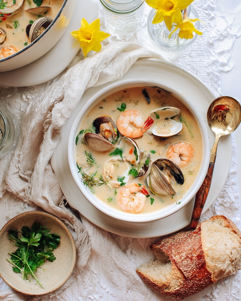 A bowl of creamy seafood soup with visible layers of pink shrimp, orange-red tomato pieces, clams with dark shells, and green parsley floating in a light beige creamy broth is placed in the center of the image. The bowl is white and rests on a beige ceramic plate on top of grayish knit cloth. To the right, there are broken pieces of crusty brown bread on the cloth. Above the bowl, part of a white enameled pot with the same soup inside shows more shrimp, clam shells, and garnish. To the top right side, a glass jar with a green stir stick and a clear glass of water sit on the cloth next to a single white daffodil flower. At the lower left corner, a small white dish contains fresh green parsley leaves. A golden spoon with a wooden handle lies horizontally below the soup bowl. The whole scene is set on a white marbled surface. photo taken with an iphone --ar 4:5 --v 7