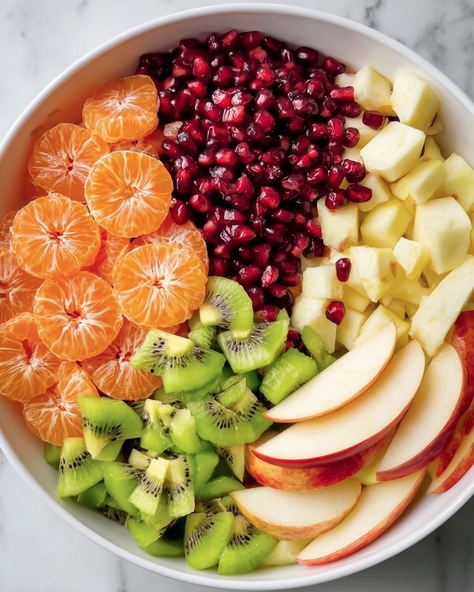 A white bowl filled with five different fruits arranged in separate groups: bright orange mandarin segments at the bottom left, deep red pomegranate seeds in the top left center, green kiwi slices with their black seeds in the top right center, small pale yellow pear cubes in the top right, and beige apple slices with red skin along the bottom right. The bowl sits on a white marbled surface. photo taken with an iphone --ar 4:5 --v 7
