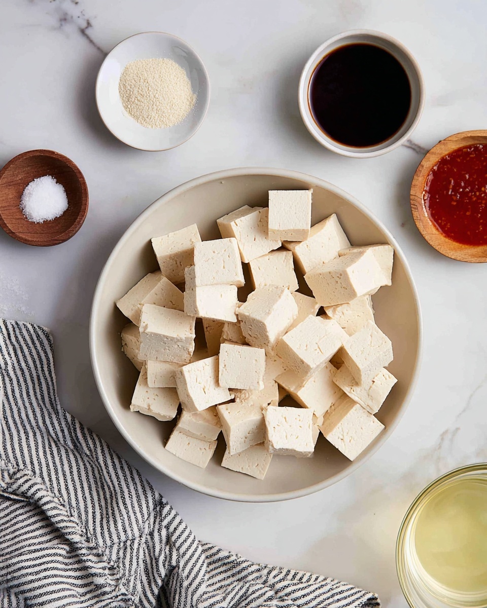 A white bowl holds many cubes of light beige tofu, each with a smooth but slightly grainy texture, arranged loosely to fill the bowl. Nearby on the white marbled surface, there are small white bowls containing a dark brown liquid and a red sauce, a small wooden bowl with white powder, and a glass bowl with a light yellow liquid. A striped cloth napkin is placed to the left side of the bowl. The colors are soft and natural, creating a clean and simple cooking setup. photo taken with an iphone --ar 4:5 --v 7