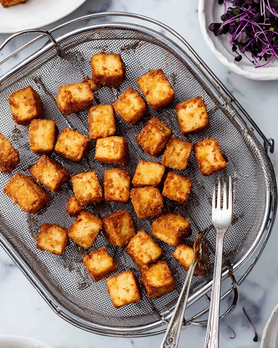 The image shows many small, golden-brown square tofu pieces with a crispy texture placed on a silver metal mesh rack inside an air fryer basket. The tofu pieces are evenly spread across the rack with some browned edges. On the right side, there is a vintage silver fork resting on the rack. In the top right corner, a white bowl holds some deep purple microgreens. The whole setting is on a white marbled surface. photo taken with an iphone --ar 4:5 --v 7