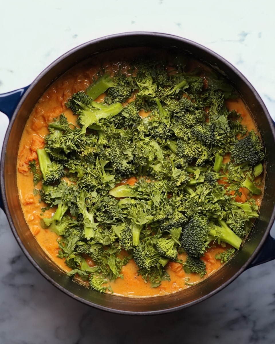 A large black pot filled with an orange liquid base with small finely chopped orange pieces scattered within it sits on a white marbled surface. On top of the orange base, there is a large, thick layer of fresh green broccoli florets covering most of the surface inside the pot. The texture of the broccoli is rough and leafy, with the green color contrasting with the warm orange underneath. Photo taken with an iphone --ar 4:5 --v 7