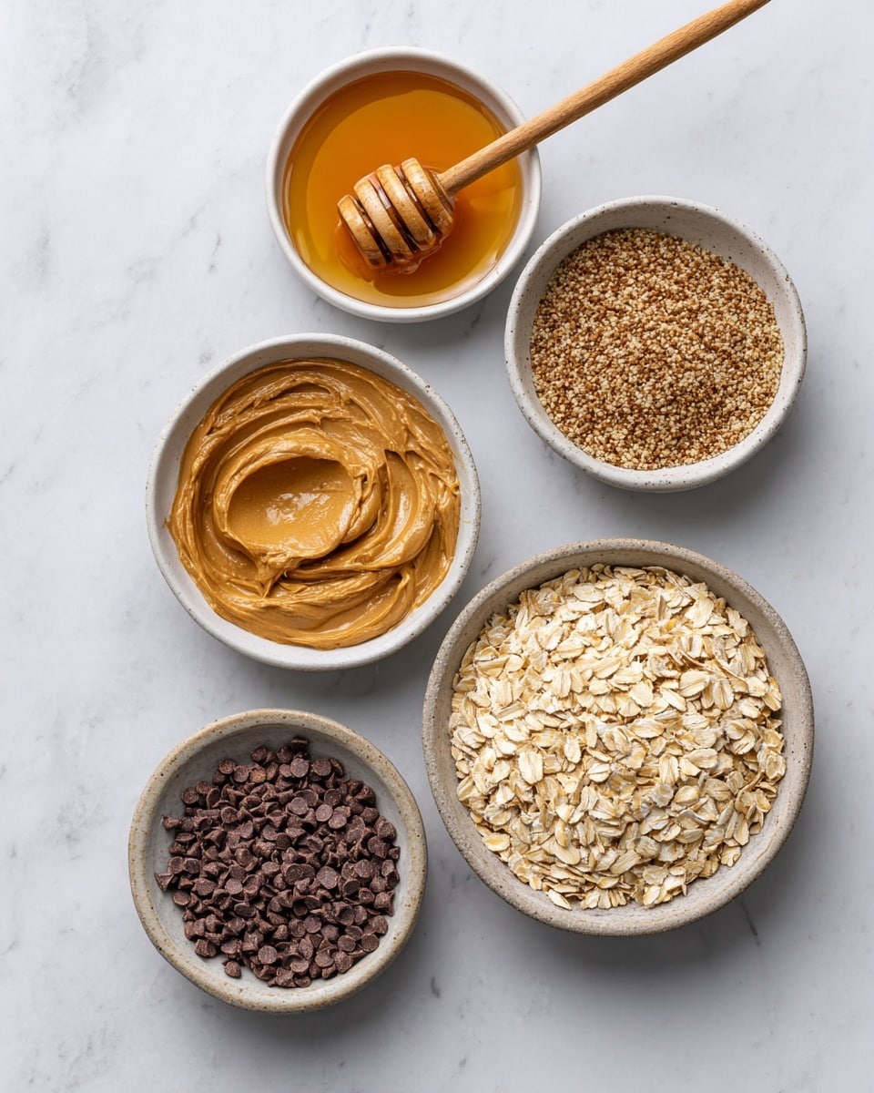 The image shows five small white bowls arranged on a white marbled surface. The largest bowl on the right holds light tan rolled oats with a rough texture, filling it almost to the brim. To its left, a bowl is filled with smooth, creamy peanut butter with a light brown color and a spoon resting inside. Above that is another bowl containing finely ground flaxseeds, appearing brownish and powdery. Next to it, a bowl contains many small, round, and dark chocolate chips, tightly packed. The topmost bowl has a honey dipper resting inside, soaked with golden amber honey that has a shiny, liquid texture. Photo taken with an iphone --ar 4:5 --v 7