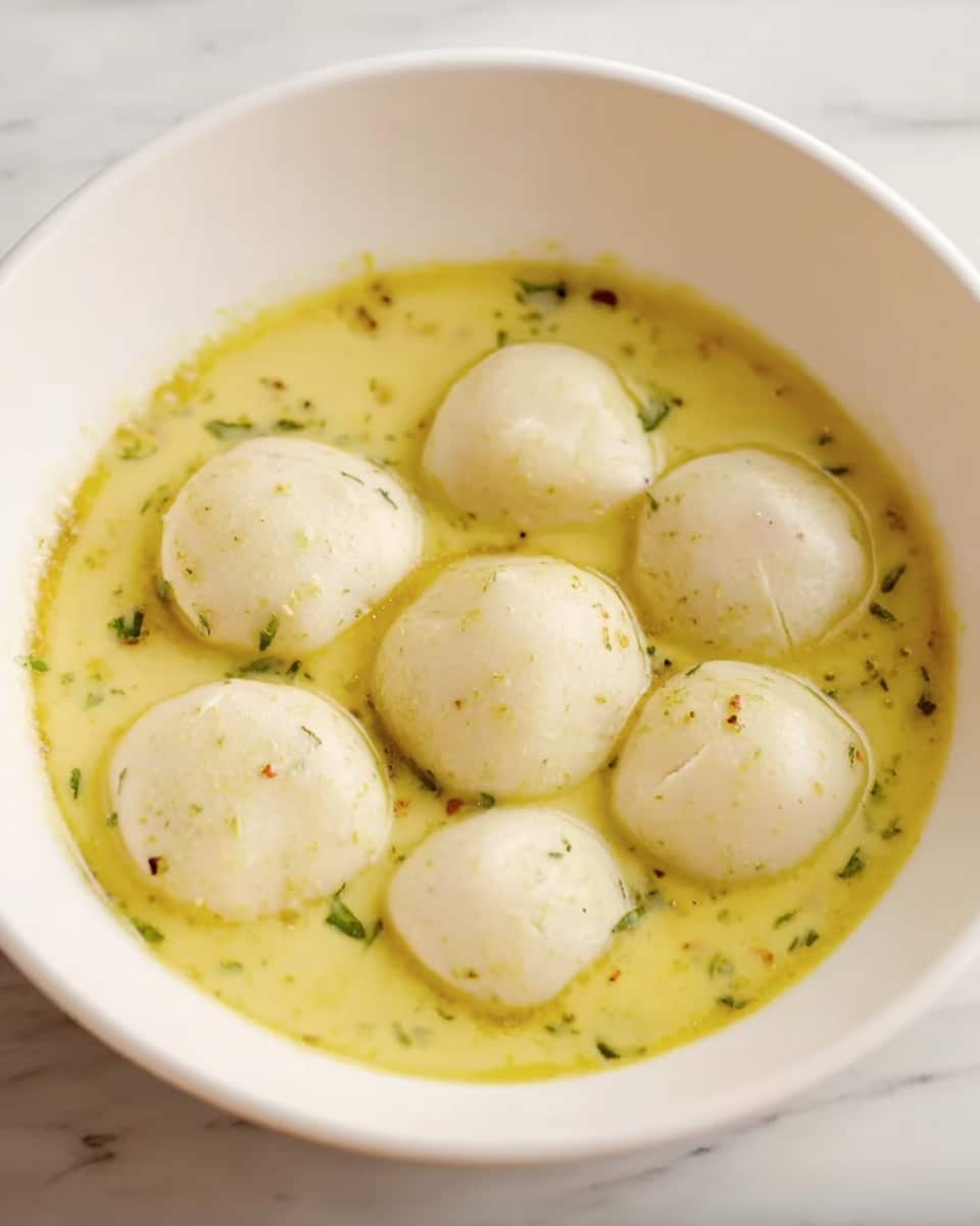 The image shows a white bowl filled with a yellow, thick sauce that has herbs and small spices mixed in. Seven pale, round dumplings rest on top of the sauce, slightly puffed up and smooth with a soft texture. The dumplings are evenly spaced across the bowl, creating a calm, balanced look. The bowl sits on a white marbled surface. photo taken with an iphone --ar 4:5 --v 7