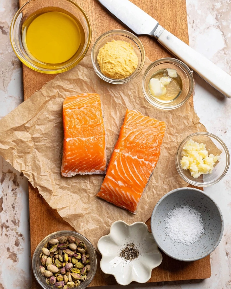 Two pieces of raw salmon fillets with bright orange color and white lines on top are placed on crumpled brown paper on a wooden cutting board. Around the salmon, there are small clear glass bowls with light yellow mustard paste, minced garlic, and a light yellow liquid, as well as a gray small bowl with coarse salt and a flower-shaped small metal bowl with black pepper. A white scalloped edge bowl holds light yellow olive oil, and a gray bowl nearby contains crushed pistachios. A large knife with a white handle rests diagonally across the top of the cutting board. The surface under the cutting board shows a white marbled texture photo taken with an iphone --ar 4:5 --v 7