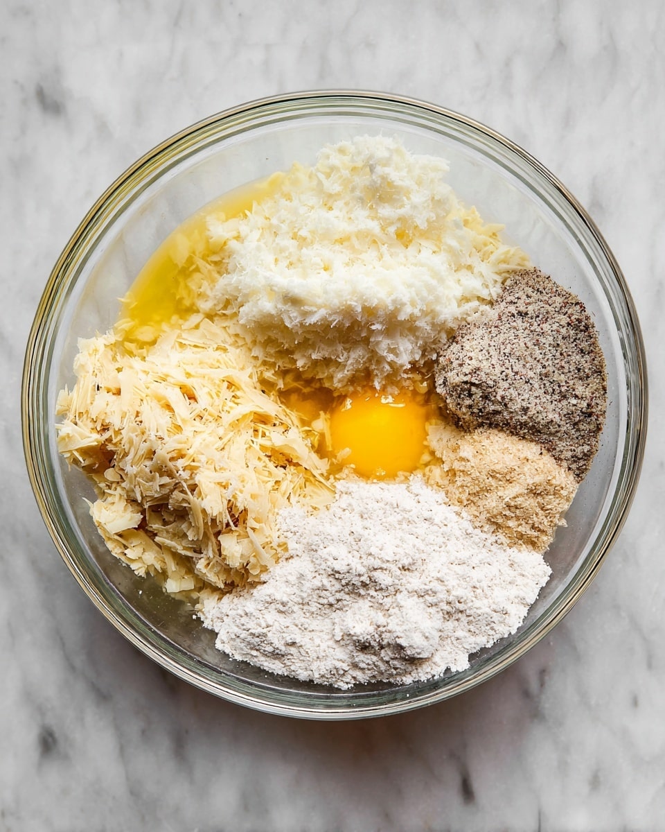 A clear glass bowl sits on a white marbled surface, filled with several ingredients each in separate piles. The bottom left part shows a layer of shredded pale beige substance. Above that is a bright yellow liquid, likely egg yolks. On top and extending toward the center is a fluffy white grated ingredient. To the right, a speckled dark powder, a small mound of white powder and a heap of light brown flour-like powder occupy separate sections. The image captures a top-down view, showing all textures clearly. Photo taken with an iphone --ar 4:5 --v 7