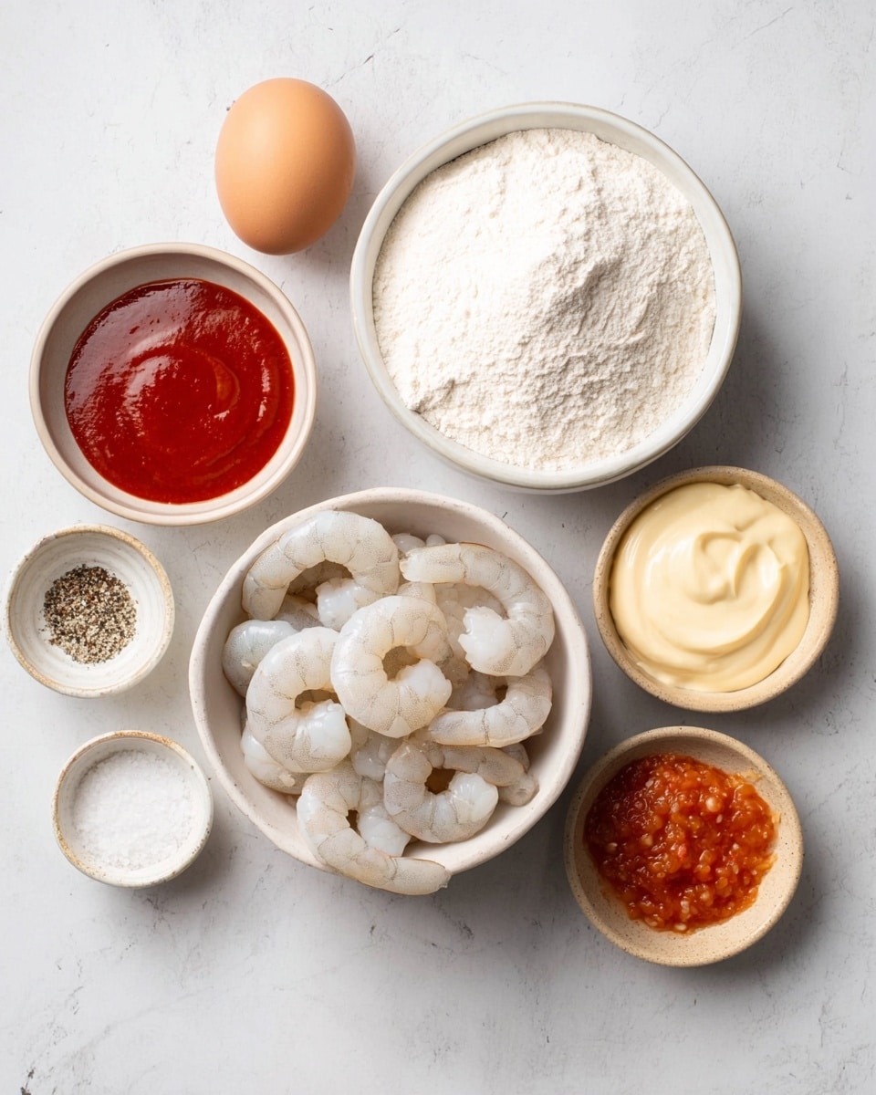 The image shows a white bowl filled with raw, peeled shrimp with a slightly translucent white color, placed on the top right of a white marbled surface. To the top left of the bowl is a brown egg with a smooth shell, and below the egg is a white bowl filled with white flour. Below the flour bowl, there is a small beige bowl containing bright red sauce with a smooth texture. Between these bowls and the shrimp is a small white container filled with coarse black pepper. Below the pepper is another small white container filled with coarse salt. To the right of the salt container is a beige bowl with a creamy, pale yellow mayonnaise or sauce. Finally, to the far right is a small beige bowl with a reddish-orange chunky sauce. The composition is neat and well spaced, with all items sitting on a clean white marbled surface, photo taken with an iphone --ar 4:5 --v 7
