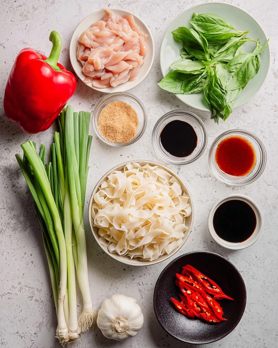 The image shows an arrangement of cooking ingredients on a white marbled surface. In the center right, there is a white bowl filled with flat, wide, ivory-colored rice noodles that have a slightly shiny texture. Above and to the left, a white bowl holds light pink raw sliced chicken meat. To the left, there is a large red bell pepper with a smooth surface and fresh appearance. Below it, a bunch of fresh green onions with long green stalks and white bulbs is placed horizontally. Near the bottom center, a whole garlic bulb with white papery skin rests on the surface. Above it, a small clear glass bowl contains brown sugar, and to its right, another glass bowl has a clear liquid, likely water or oil. On the top right, fresh green basil leaves are placed on a white plate. There are also three small white bowls with dark sauces, light brown sauce, and a dark thick sauce positioned around the main ingredients. At the lower right corner, a black bowl holds several bright red chili peppers. The entire scene is well-lit, showing clean, fresh, and vibrant ingredients ready for cooking. Photo taken with an iphone --ar 4:5 --v 7