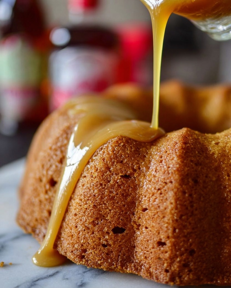 A close-up view of a golden-brown bundt cake resting on a white marbled surface. The cake has a rough texture with small holes visible on its surface. From the top, a thick, shiny, light amber sauce is being poured from a glass pitcher, flowing smoothly down one side of the cake, creating a glossy layer over the textured cake. The background shows blurred bottles with red and white labels. Photo taken with an iphone --ar 4:5 --v 7