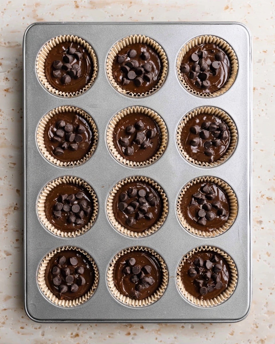 A metal baking tray with twelve round molds, each lined with beige paper cups holding dark brown, smooth chocolate batter. Each mold is topped with several scattered dark chocolate chips, resting on the glossy batter. The tray is placed on a white marbled surface with light beige speckles. The batter layers are thick and slightly swirled inside each paper cup. photo taken with an iphone --ar 4:5 --v 7