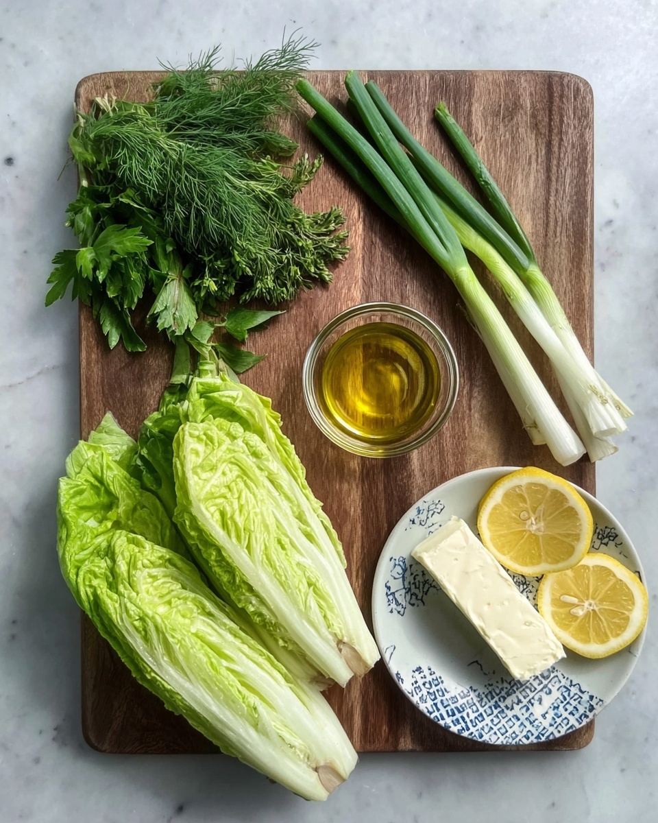 The image shows a wooden cutting board on a white marbled surface holding fresh green herbs on the top left, several long green onions below them, and two halved green lettuce heads at the bottom. To the right of the board on the white marbled surface, there is a small white plate with blue patterns holding a block of pale cream cheese, two lemon halves with bright yellow flesh below the plate, and a small clear glass bowl containing golden olive oil positioned next to the lemon halves. photo taken with an iphone --ar 4:5 --v 7