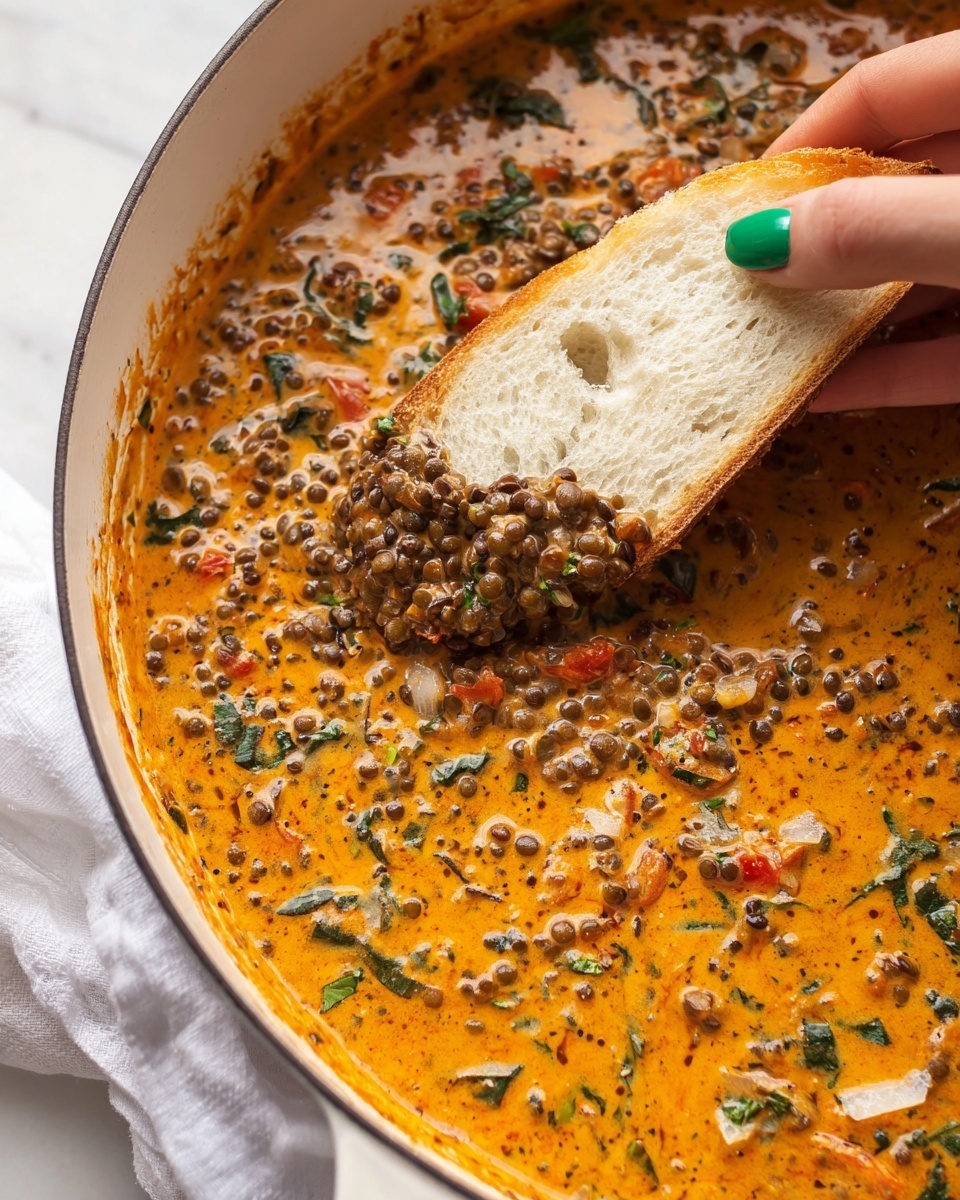 A close-up of a white pot filled with a thick, creamy orange sauce mixed with small black lentils, green leafy bits, and small pieces of red tomato, giving a textured and rich look. On the right side, a woman's hand with green nail polish is dipping a light cream-colored slice of bread into the sauce, with lentils and sauce visibly coating the bread. The pot sits on a white marbled surface with a white cloth partially visible underneath. Photo taken with an iphone --ar 4:5 --v 7