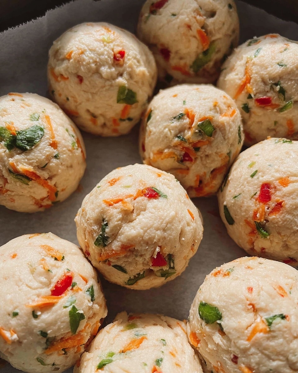 The image shows several round dough balls placed closely together in a baking pan lined with parchment paper. Each ball is light beige in color with visible small pieces of shredded orange carrot, bright red bits, and chopped green herbs scattered throughout the dough. The balls have a slightly rough texture and are evenly shaped, ready to be baked. The background is a white marbled texture. photo taken with an iphone --ar 4:5 --v 7