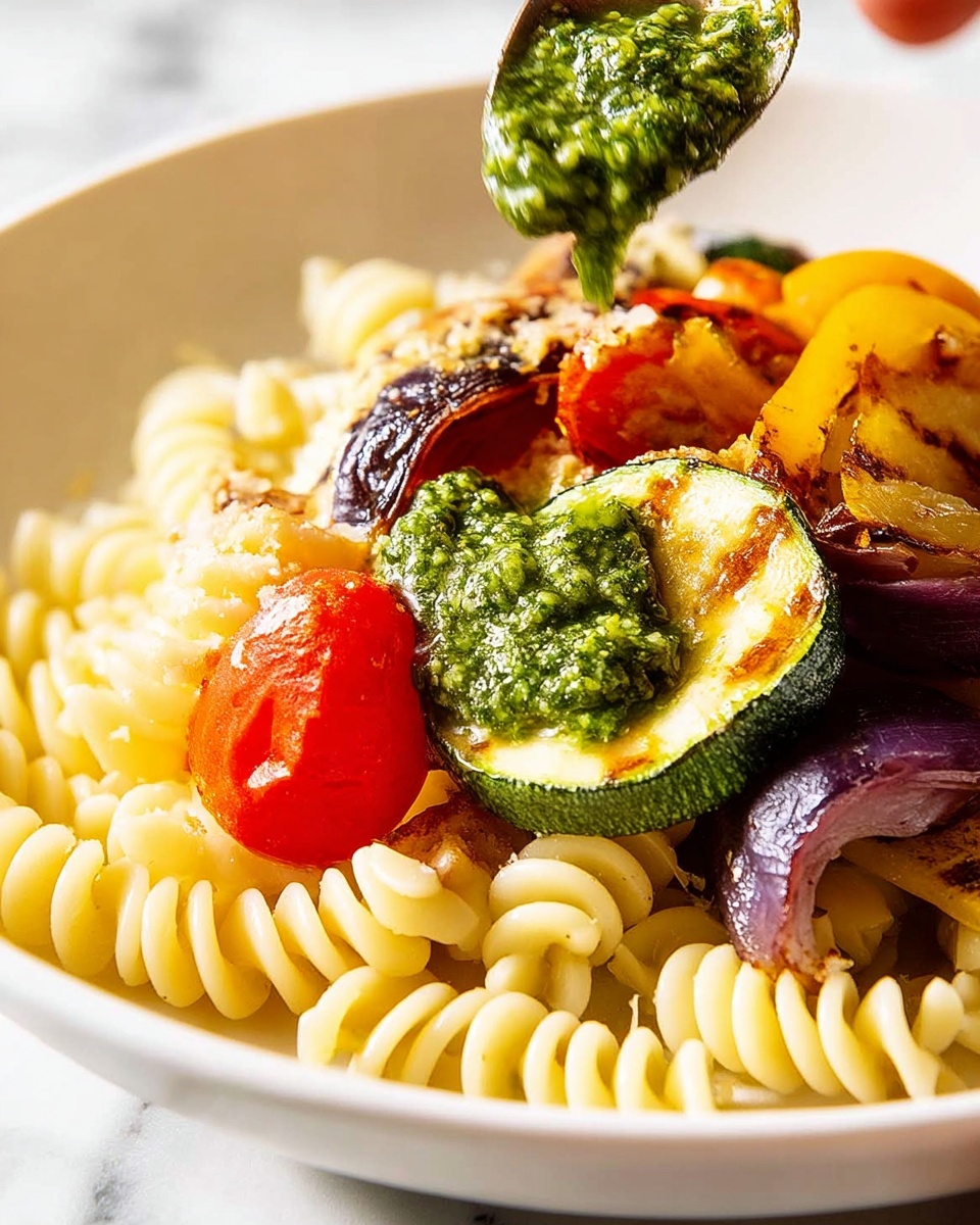 In a close-up view, a white bowl holds a layered pasta dish with spiral-shaped rotini at the base, creamy off-white in color with a soft texture. On top, there are pieces of grilled vegetables including a yellowish-green zucchini slice, bright red cherry tomatoes, and deep purple-red onion slices, all slightly charred and glossy. Scattered on the dish are dollops of vibrant green pesto sauce, thick and textured, being added by a woman's hand holding a utensil, dripping the pesto over the vegetables and pasta. The background is a smooth white marbled surface. photo taken with an iphone --ar 4:5 --v 7