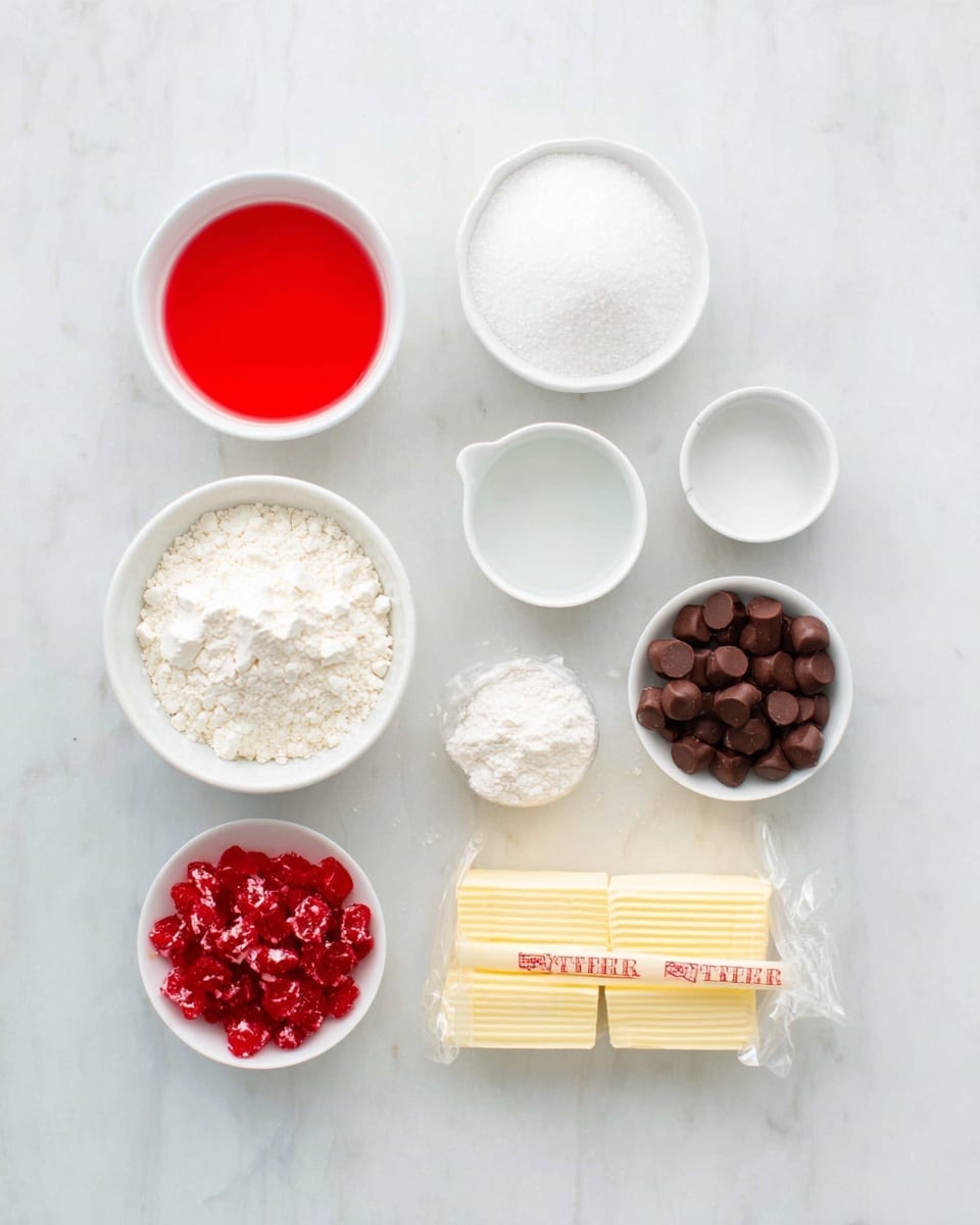 The image shows a neat arrangement of baking ingredients on a white marbled surface. There are eight white bowls and objects placed in a grid-like pattern. Starting from the top left, a small white bowl holds a bright red liquid, next to it is a larger white bowl filled with white granulated sugar. To the right of the sugar bowl is a small white bowl with a little water. Below the red liquid, a medium white bowl contains fluffy white powdered sugar, and next to it, a similar bowl holds white flour. To the right of the flour is a small white bowl filled with milk chocolate drops. At the bottom, a small white bowl holds red chopped cherries, and next to it are two wrapped sticks of unsalted butter with light cream color. Photo taken with an iphone --ar 4:5 --v 7