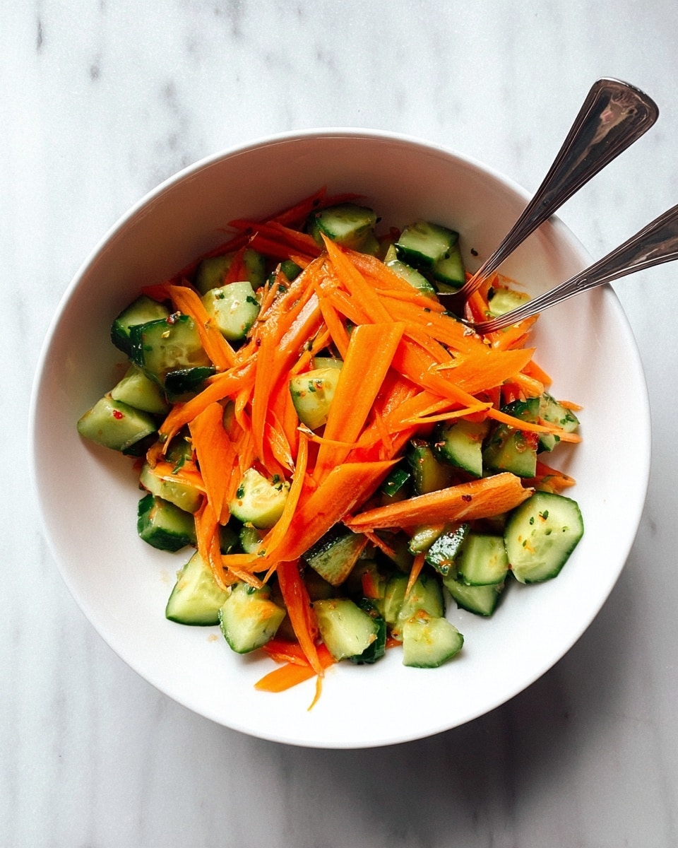 A white bowl filled with a fresh salad made of bright orange thin carrot sticks layered on top of chunky green cucumber pieces with visible dark green skin and light green inside. Two silver spoons rest inside the bowl, one angled toward the front and the other toward the back. The bowl sits on a white marbled surface. photo taken with an iphone --ar 4:5 --v 7