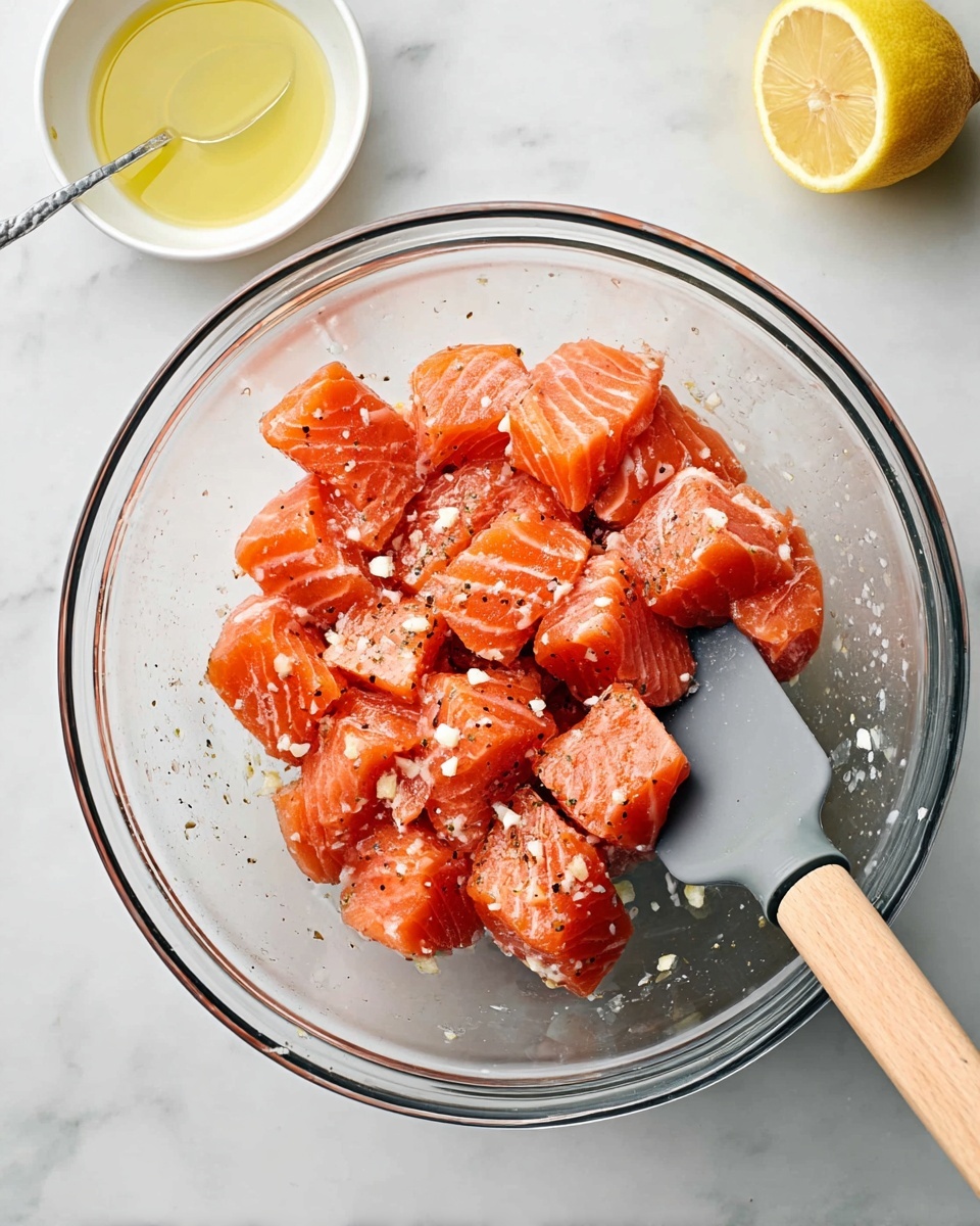 A clear glass bowl holds about twenty pieces of raw, bright orange salmon chunks with white fat lines, mixed with small bits of garlic and black pepper scattered evenly on top. A gray spatula with a light wooden handle rests inside the bowl on the right side, slightly lifting some salmon pieces. Above the bowl, there is a small white bowl with light yellow olive oil. Below, a metal lemon press with a squeezed half lemon sits on a white marbled surface. photo taken with an iphone --ar 4:5 --v 7