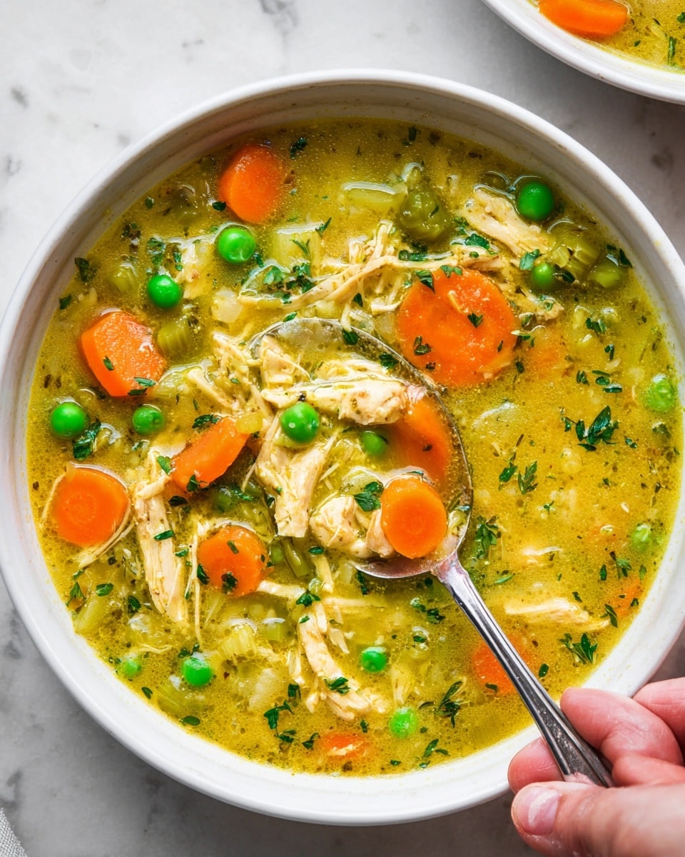The image shows a bowl of chicken soup filled with bright orange carrot slices, green peas, and light green celery pieces mixed with shredded chicken in a golden-yellow broth. The soup has small green herb bits sprinkled throughout, adding texture and color contrast. A silver spoon rests inside the white bowl on the right side, with a woman's hand holding it gently. The bowl sits on a white marbled surface that enhances the fresh colors of the soup. photo taken with an iphone --ar 4:5 --v 7