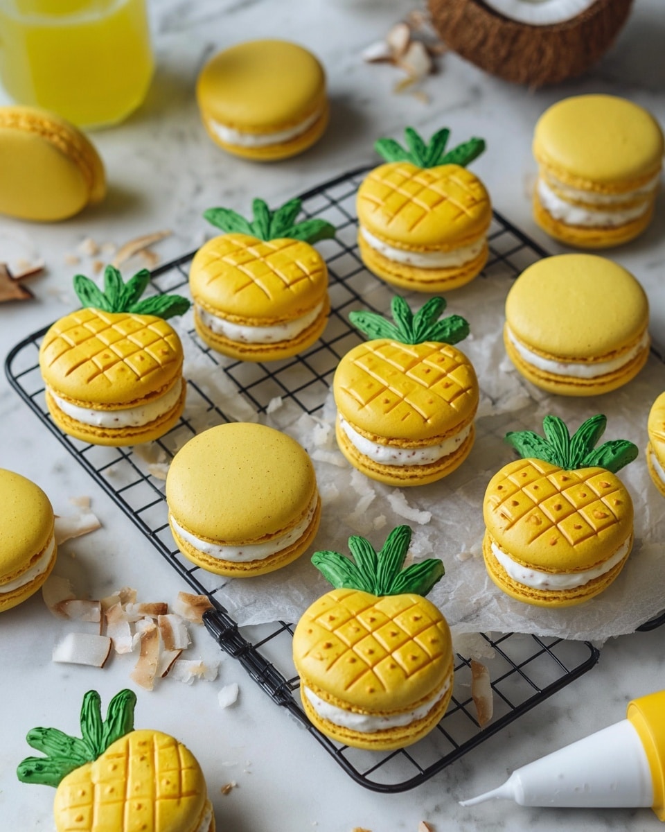 The image shows a group of yellow pineapple-shaped macarons arranged on a black wire rack lined with white parchment paper. Each macaron has two bright yellow shell layers with a texture pattern resembling a pineapple’s skin in light brown, and a smooth white cream filling sandwiched between them. Green leafy toppers made of fondant or similar material are attached at one side of some macarons, giving the look of pineapple leaves. Around the rack, there are plain yellow macarons, a piping bag with white cream, and some scattered coconut flakes, all on a white marbled surface. A jar with yellow liquid is also partly visible at the top left corner. photo taken with an iphone --ar 4:5 --v 7