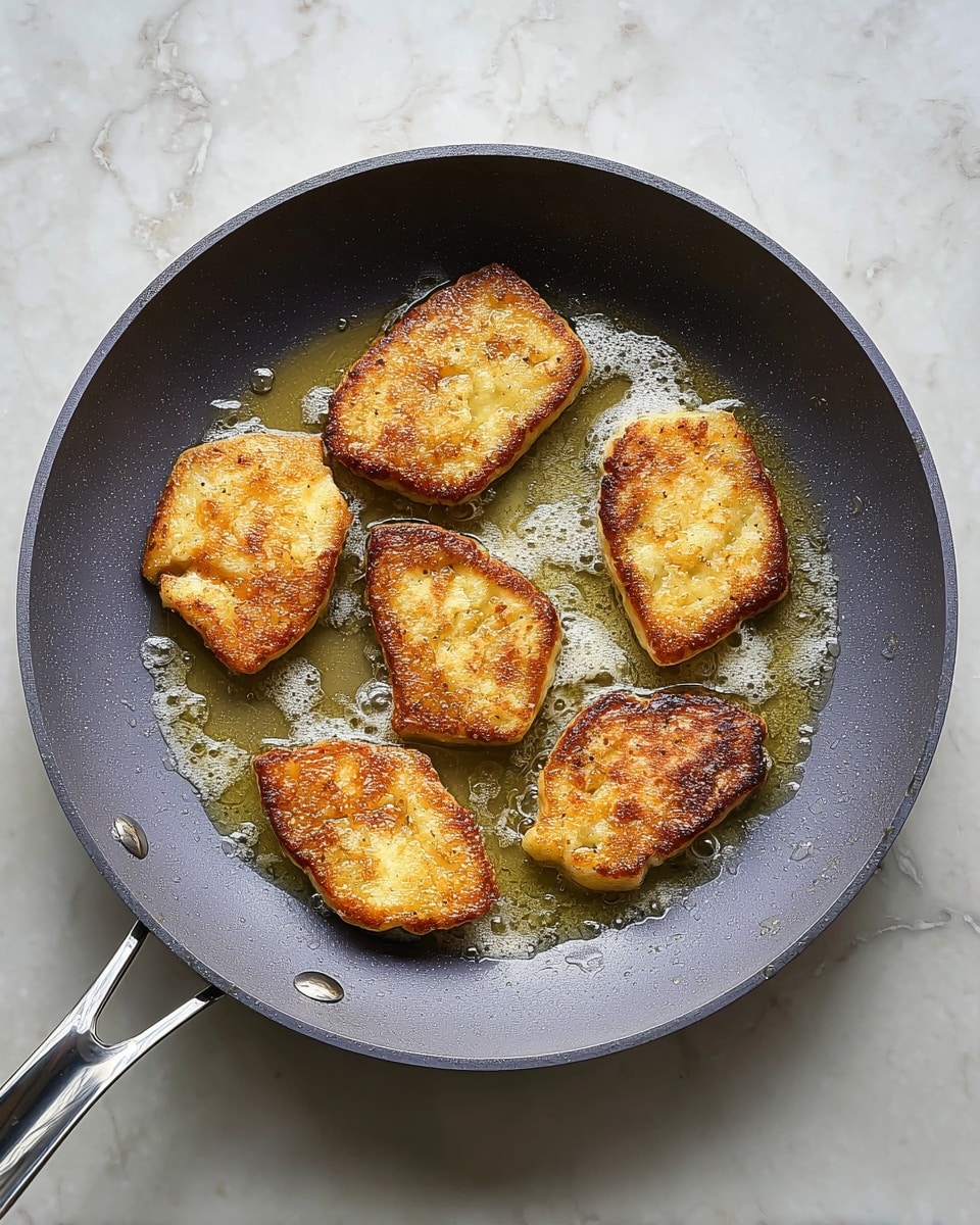 There is a round grey frying pan with a silver handle on a white marbled surface. Inside the pan, seven pieces of food are frying, each shaped like a leaf or a rounded diamond. They have a golden brown color with some parts crispier and darker, creating a lightly textured surface. There is sizzling oil around the pieces, with small bubbles and a shiny reflection. The food pieces are spread out evenly inside the pan, showing their light and crispy texture. photo taken with an iphone --ar 4:5 --v 7