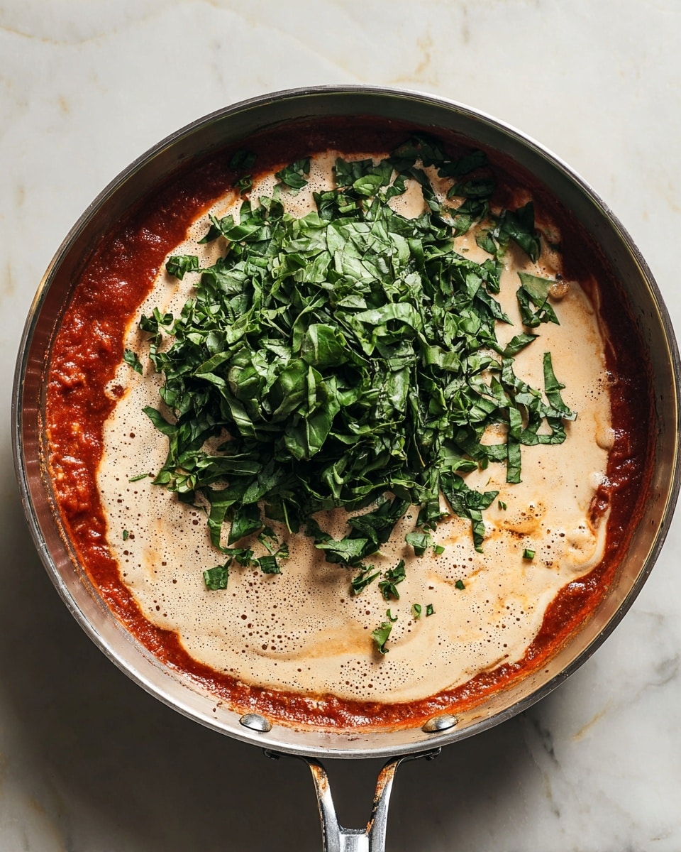 A cooking pan with three visible layers inside: the bottom layer is a dark red sauce covering half of the pan's edge; the middle layer is creamy and light beige with small bubbles, spreading from the sauce to the pan's edges; the top layer is a pile of fresh, chopped dark green spinach placed roughly in the center, partially covering the creamy layer. The pan is metal with a shiny silver handle, set on a white marbled surface. photo taken with an iphone --ar 4:5 --v 7