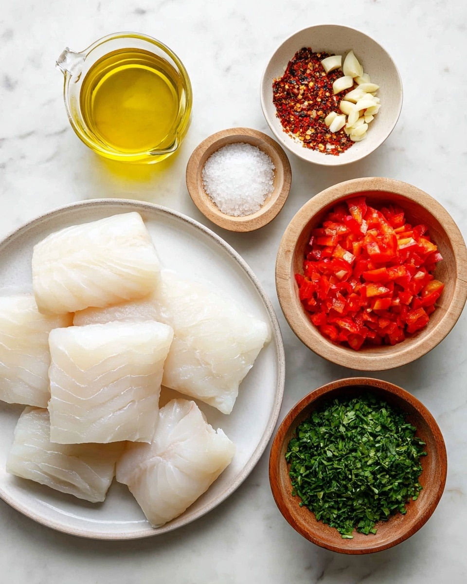 The image shows six bowls and a plate arranged neatly on a white marbled surface. On the right side, a white plate holds six light, creamy white fish fillets with a slightly translucent look and smooth texture. Surrounding the plate, from top moving clockwise, there is a small white bowl with brown and red chili flakes, a small wooden bowl filled with thinly sliced pale yellow garlic, a measuring glass jug of yellow cooking oil, a beige bowl filled with finely chopped bright red peppers, a small wooden bowl holding coarse white salt, and another wooden bowl filled with fresh chopped green herbs. The colors stand out clearly against the white marbled texture, showing fresh and simple ingredients. photo taken with an iphone --ar 4:5 --v 7