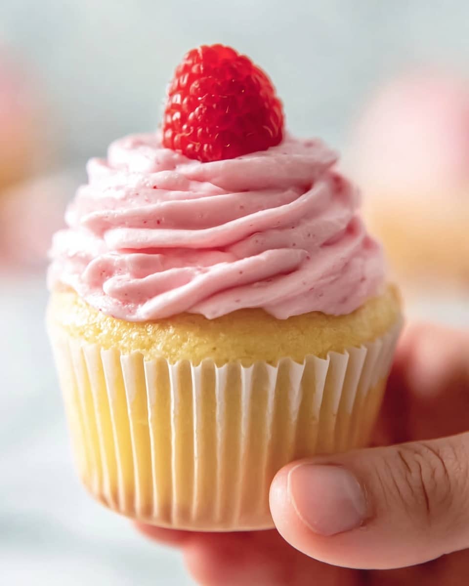 A close-up of a yellow cupcake in a white paper wrapper is held by a woman's hand from the bottom right. The cupcake has one thick layer of smooth, pink frosting swirled thickly on top, and a fresh bright red raspberry crown the frosting in the center. The background is a soft, blurred white with hints of light colors, all on a white marbled surface. photo taken with an iphone --ar 4:5 --v 7