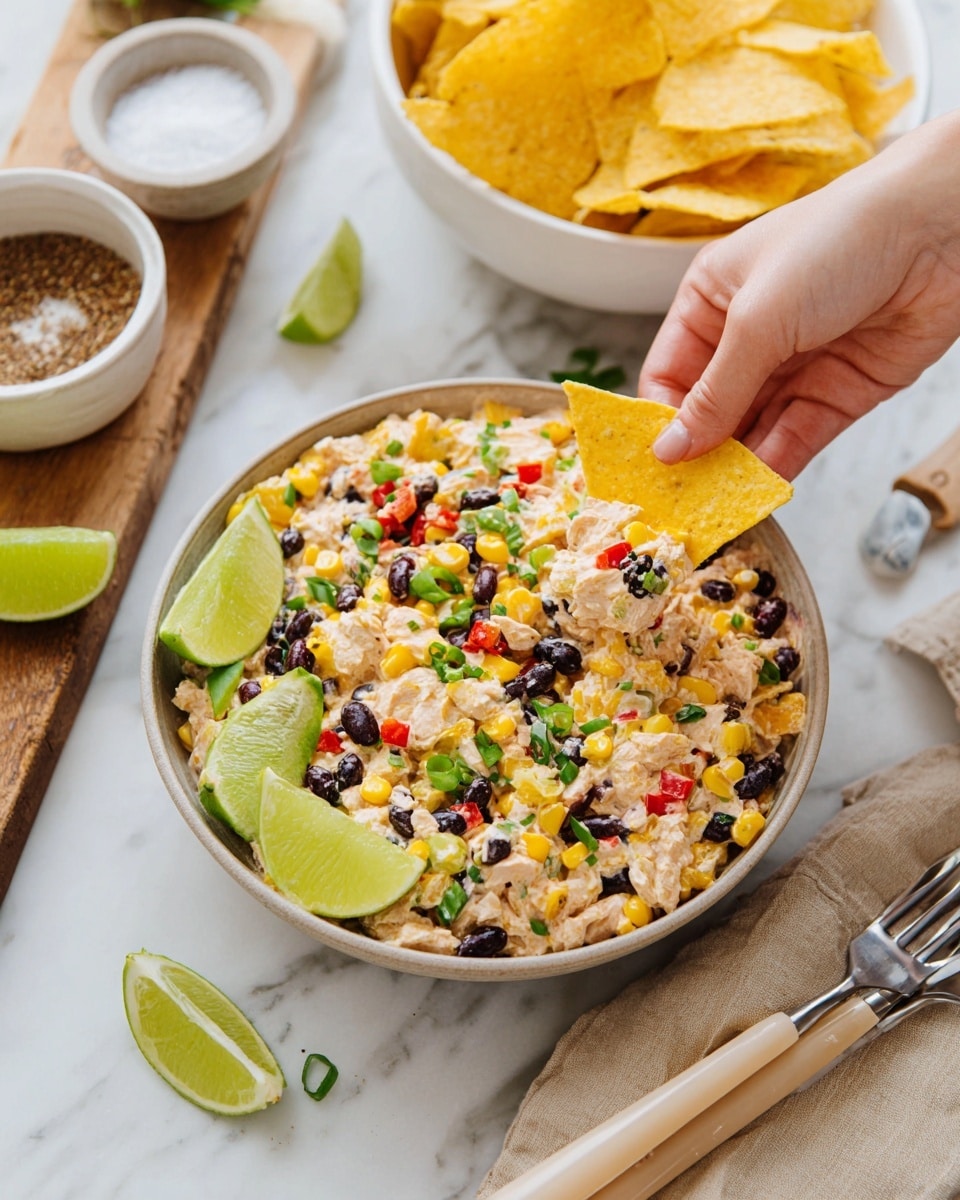 A bowl of creamy dip with visible layers of yellow corn, black beans, small diced red peppers, green onions, and chunks of white chicken mixed evenly together. Several yellow corn chips are placed inside the bowl, with one chip lifted by a woman's hand holding it near the center. The bowl sits on a white marbled surface with lime wedges placed inside the bowl on one side. In the background, there is a white bowl filled with yellow corn chips and small white bowls holding coarse salt and brown seasoning. A wooden board and two forks with beige handles lie next to the bowl. Photo taken with an iphone --ar 4:5 --v 7